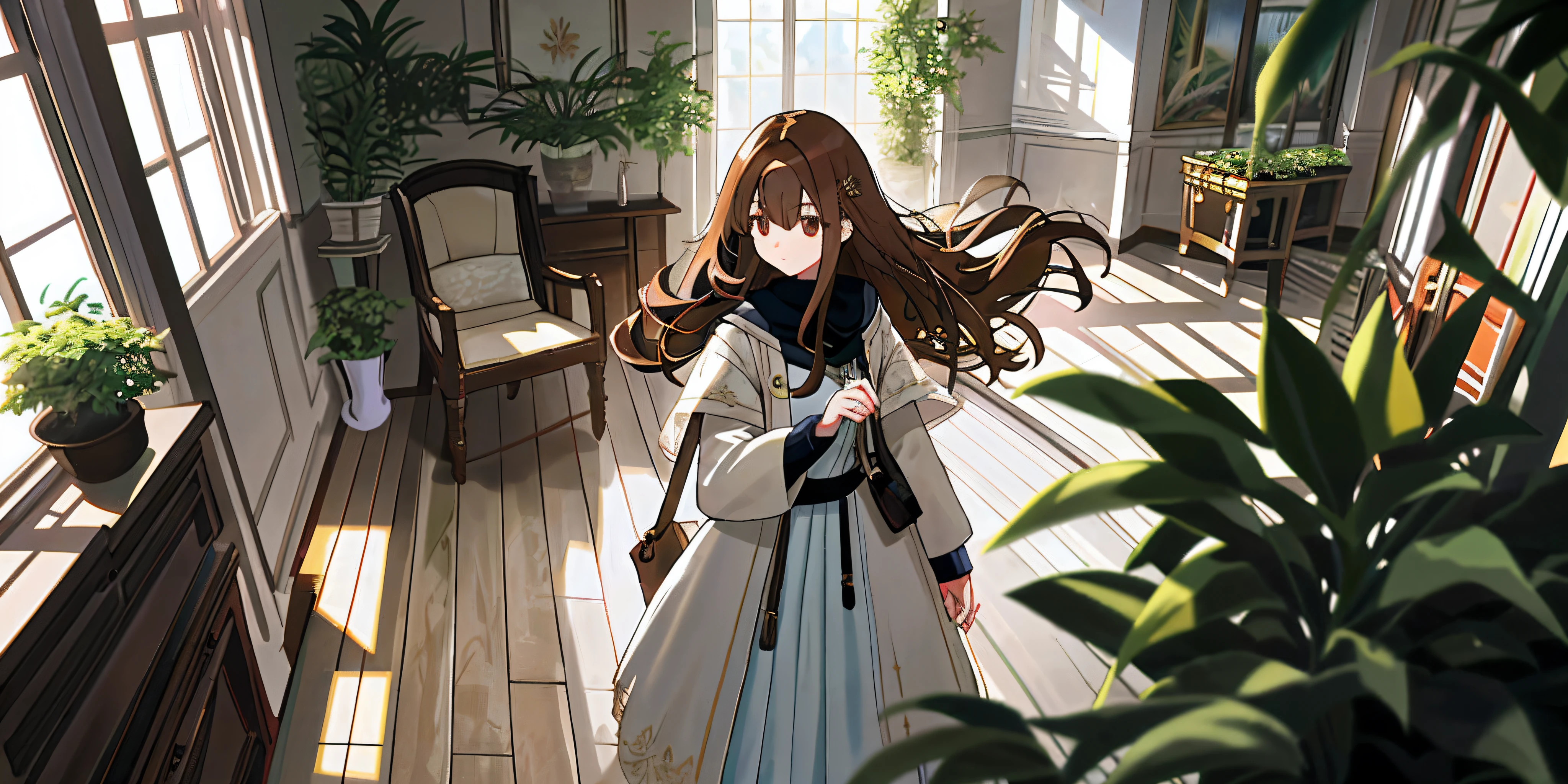 "(tmasterpiece,Best picture quality), long whitr hair, brown hair, A plant, looking at viewert, with brown eye, bag, White coat, longer sleeves, inside in room, holding a stuff, By bangs, Manteau, Independent focus, shift dresses, standing on your feet,, white dresses, one-girl, jewelry, 耳Nipple Ring, Hair between the eyes, Open clothes"