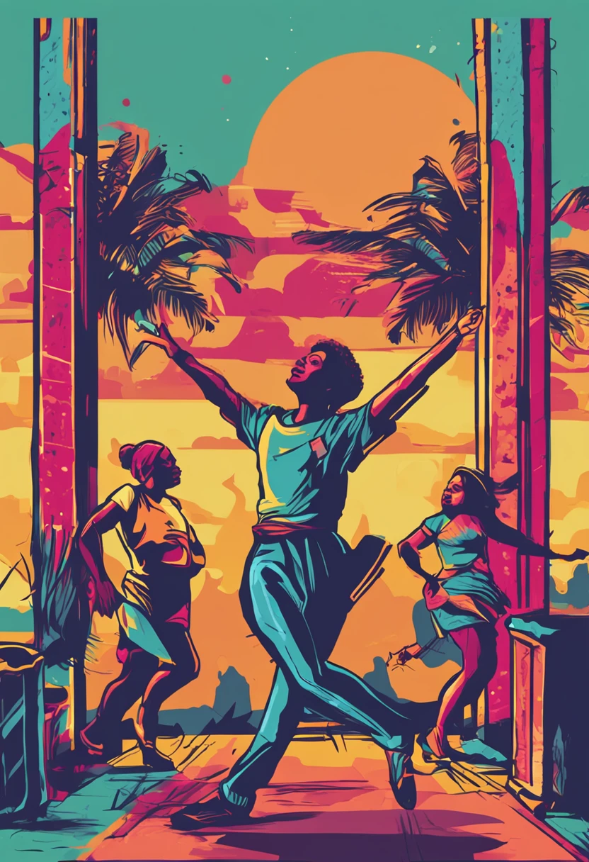 "Dance for the Lord: celebre a vida em todos os ritmos!" - Develop an art with young people dancing, using different musical styles in a vibrant and colorful setting. Convey the message that music is a form of worship and expression.