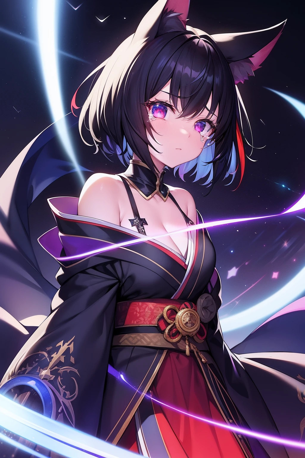 Cat's ears,hair is black and short,Goggles shine on her head,Her skin is pale, A blade of light enveloped me like a snake in interstellar wind,Unleash the Blade of Light, Highest Quality, Carry a red cloak with kimono decorations,Raise the Devil's Sword, ((sad))((Big tears)), 8 Blue Light Sword,Blade of Light,Lens Flare, Big rainbow,The moon shines,Star chips, bloom, ((Flame glow)), chromatic abberation], Digital Painting, Insane details, Intricate details, Beautifully color graded, Unreal Engine, Cinematic , colour grading, Editorial Photography , Photography, Photo Shot, Shot on 70mm lens, depth of fields, degrees of freedom, Tilt Blur, Shutter Speed 1/1000, h/22