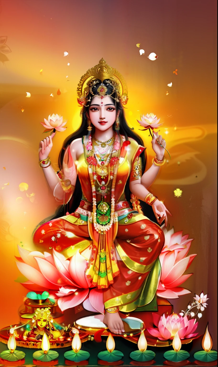 a beautiful hindu goddess with a lotus flower and candles, indian goddess of wealth, indian goddess, divine goddess, indian god, goddess of love and peace, hindu god, female lord of change, standing gracefully upon a lotus, hindu aesthetic, flower goddess, ๐๐๐โบ๐๐๐, beautiful goddess, hindu art, with lotus flowers