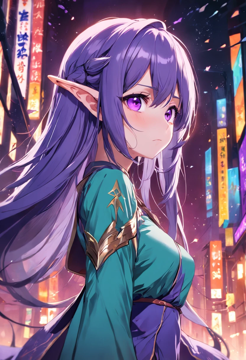 Purple eye,cyanhair,Lazy expression,Western fantasy,Magical fantasy,,the elf,Tall and tall,Beautiful breasts,detail in face