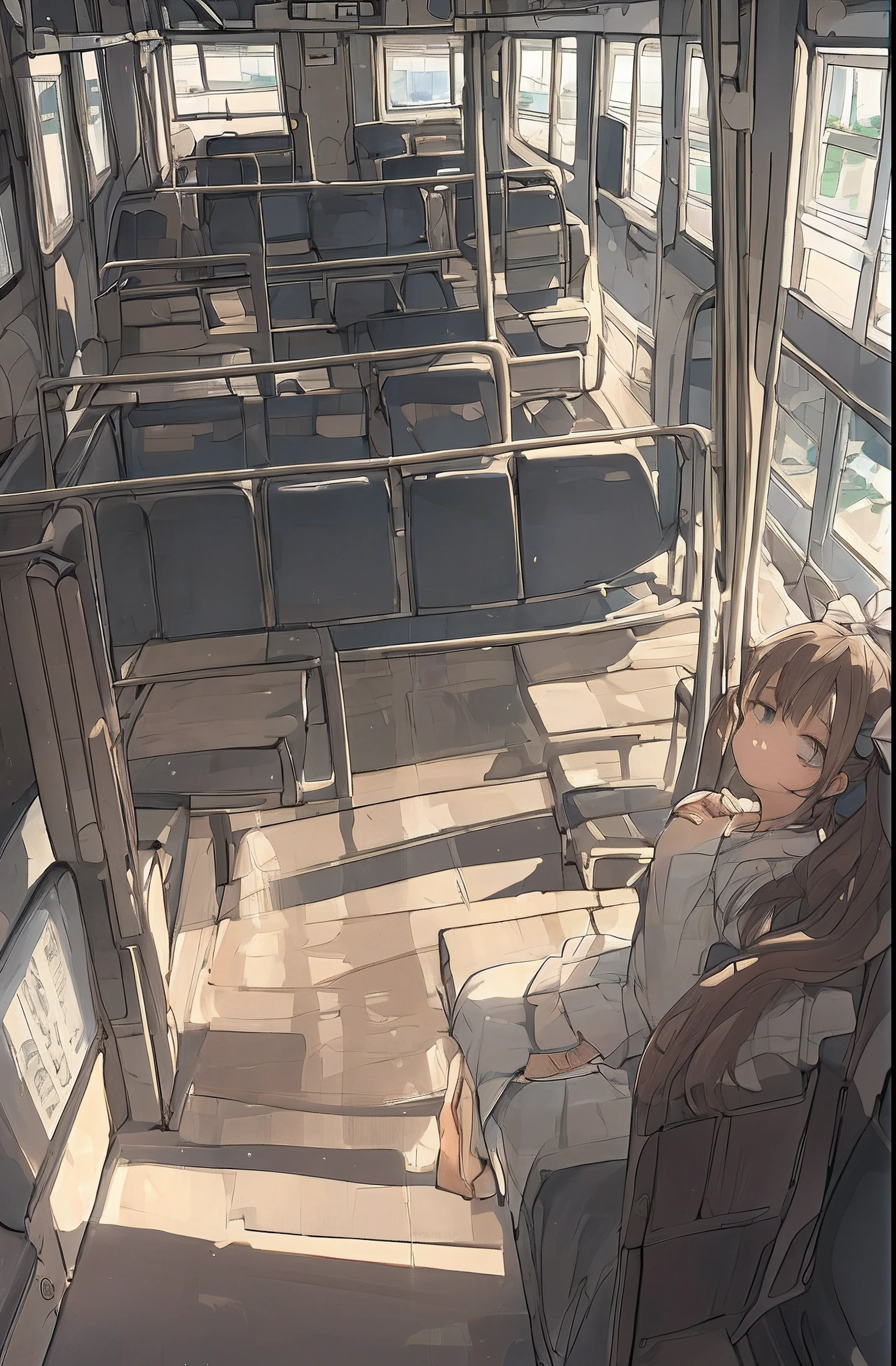 Masterpiece, Best quality, 1girll, Solo, Matsurito Sharo, Blue eyes, Brown hair, Petite, Side ponytail, cat hair ornament, Side ponytail, ahoge, chest, Sandy brown vest, flower trim, Light light gray skirt,, Hair ribbon, Barefoot, On the bus, crowd, Reclining, angle of view, Tired