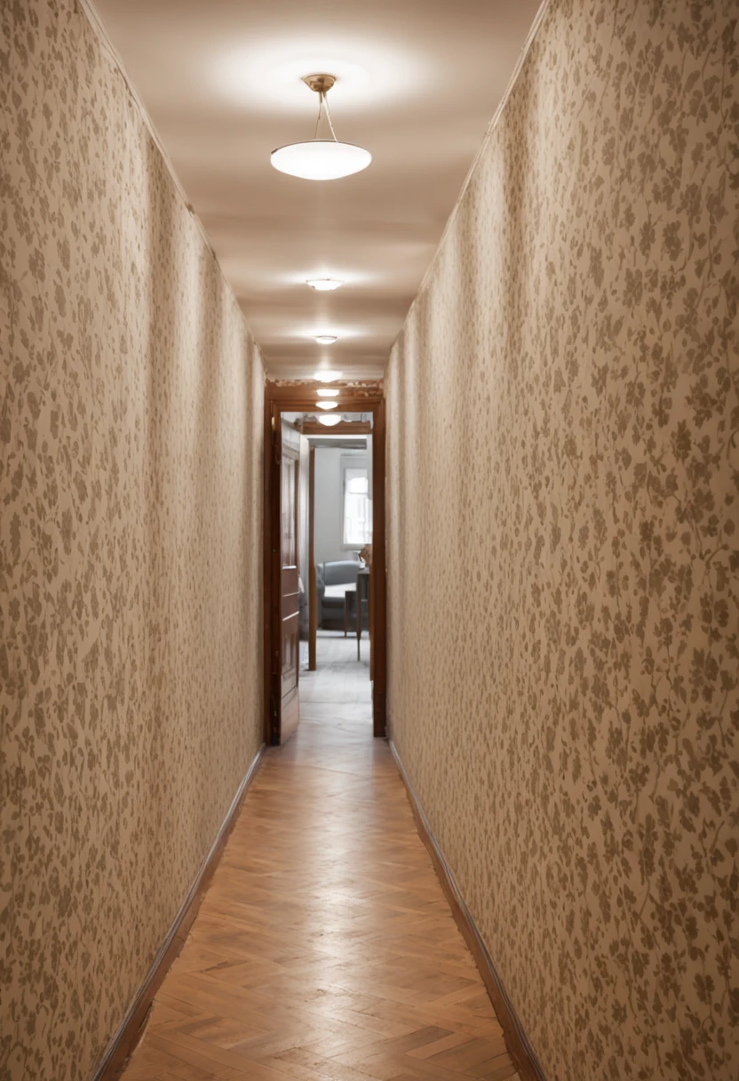 A long, narrow corridor with peeling wallpaper and flickering lights.