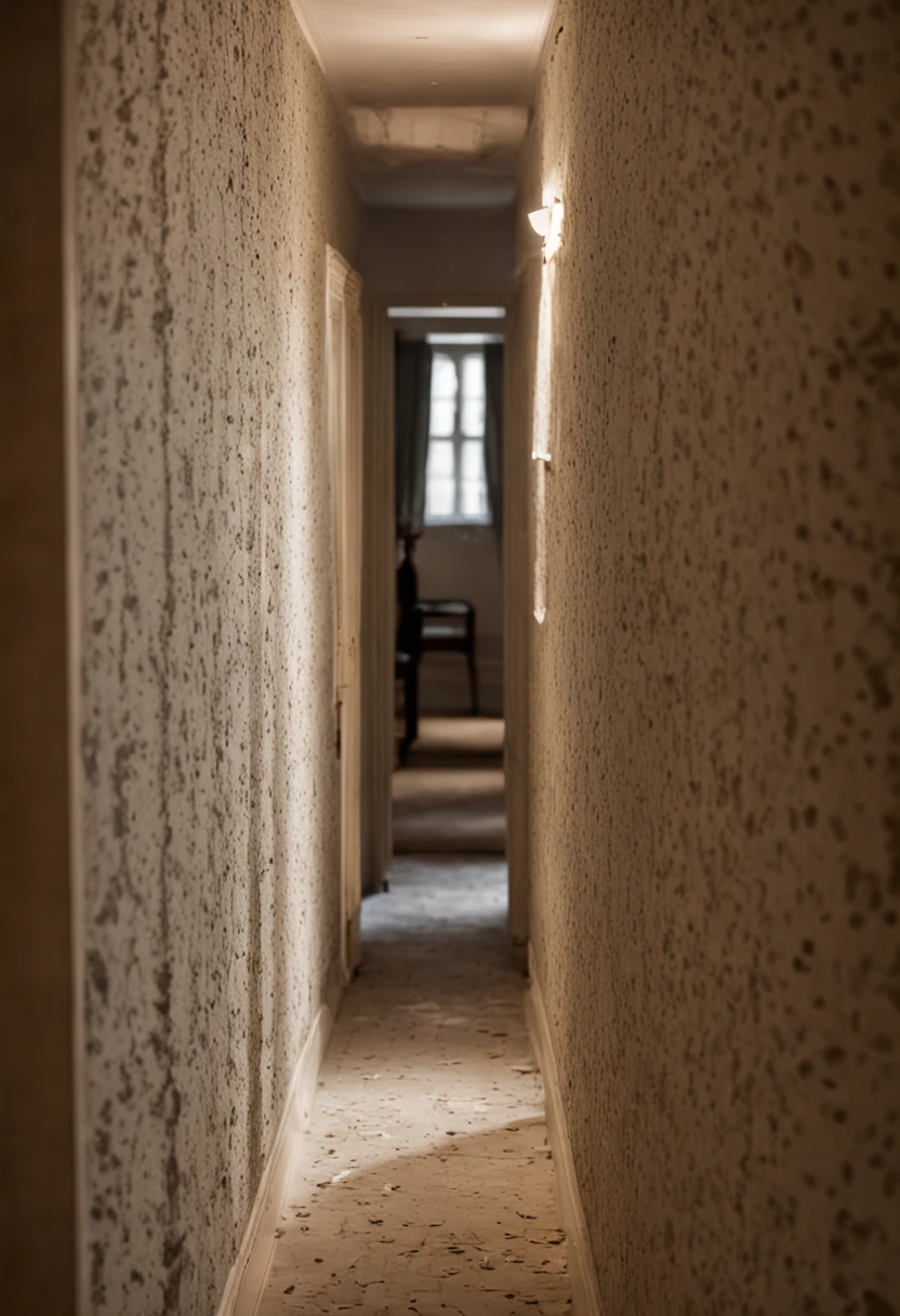 A long, narrow corridor with peeling wallpaper and flickering lights.