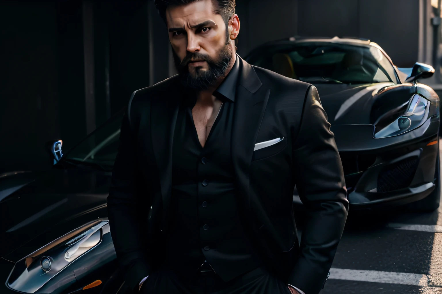 (masterpiece, cinematic, hyperrealistic, superrealistic, hyper-detailed, ultra-detailed, 32k, perfect anatomy, flawless anatomy) Bearded and muscular millionaire man wearing body-fitting suit (perfect human anatomy), the man is standing next to his car (Black color Ferrari), the man is having a rather vary sad expression