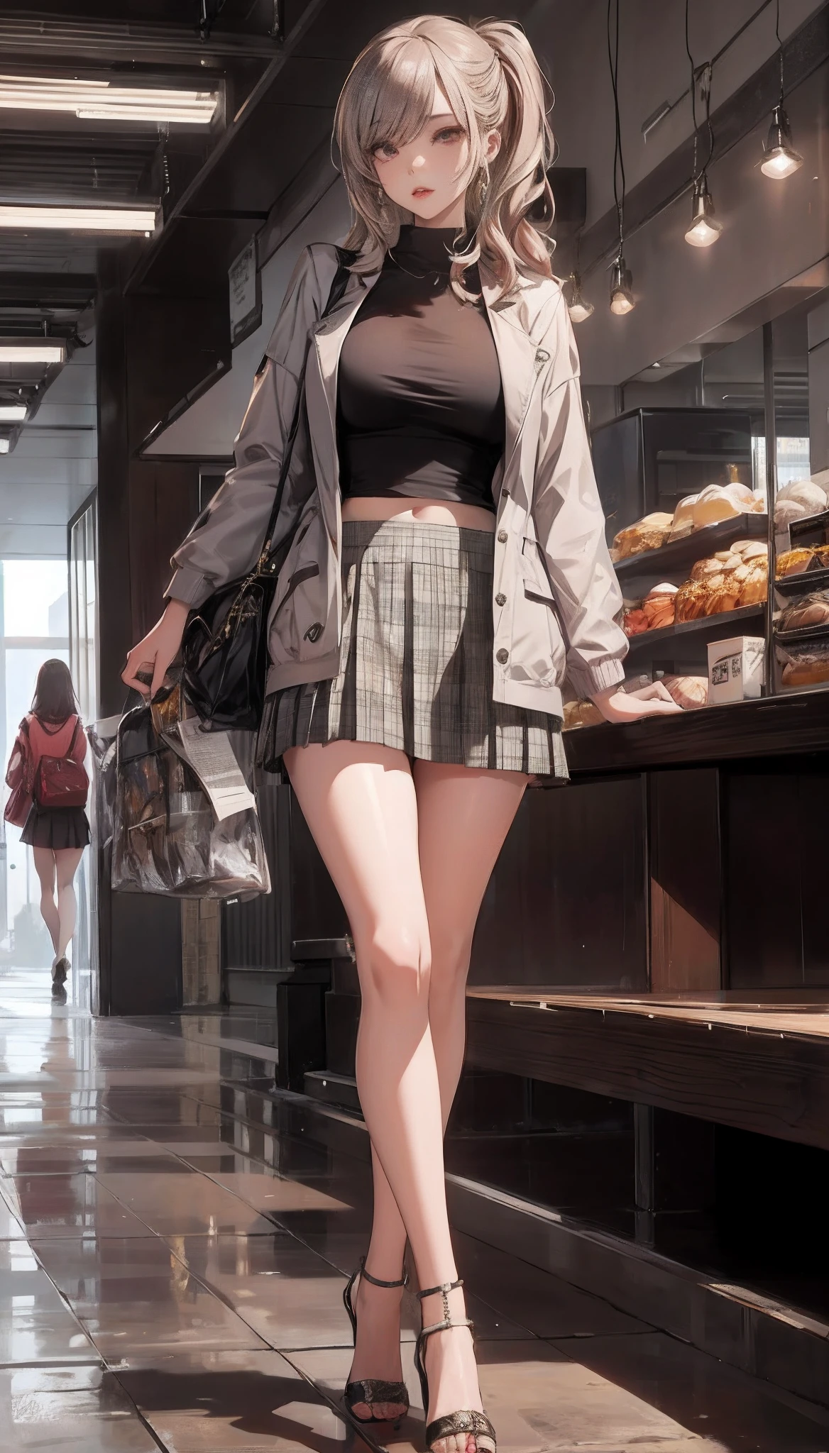 there is a woman walking down the street in a skirt, Surrealism female students, short skirt and a long jacket, Surrealism female students, wearing jacket and skirt, Fashion model, by Yang J, author：Zhou Fang, author：Zhou Chen, trending on cgstation, by Ni Yuanlu, trending at cgstation, girls frontline style