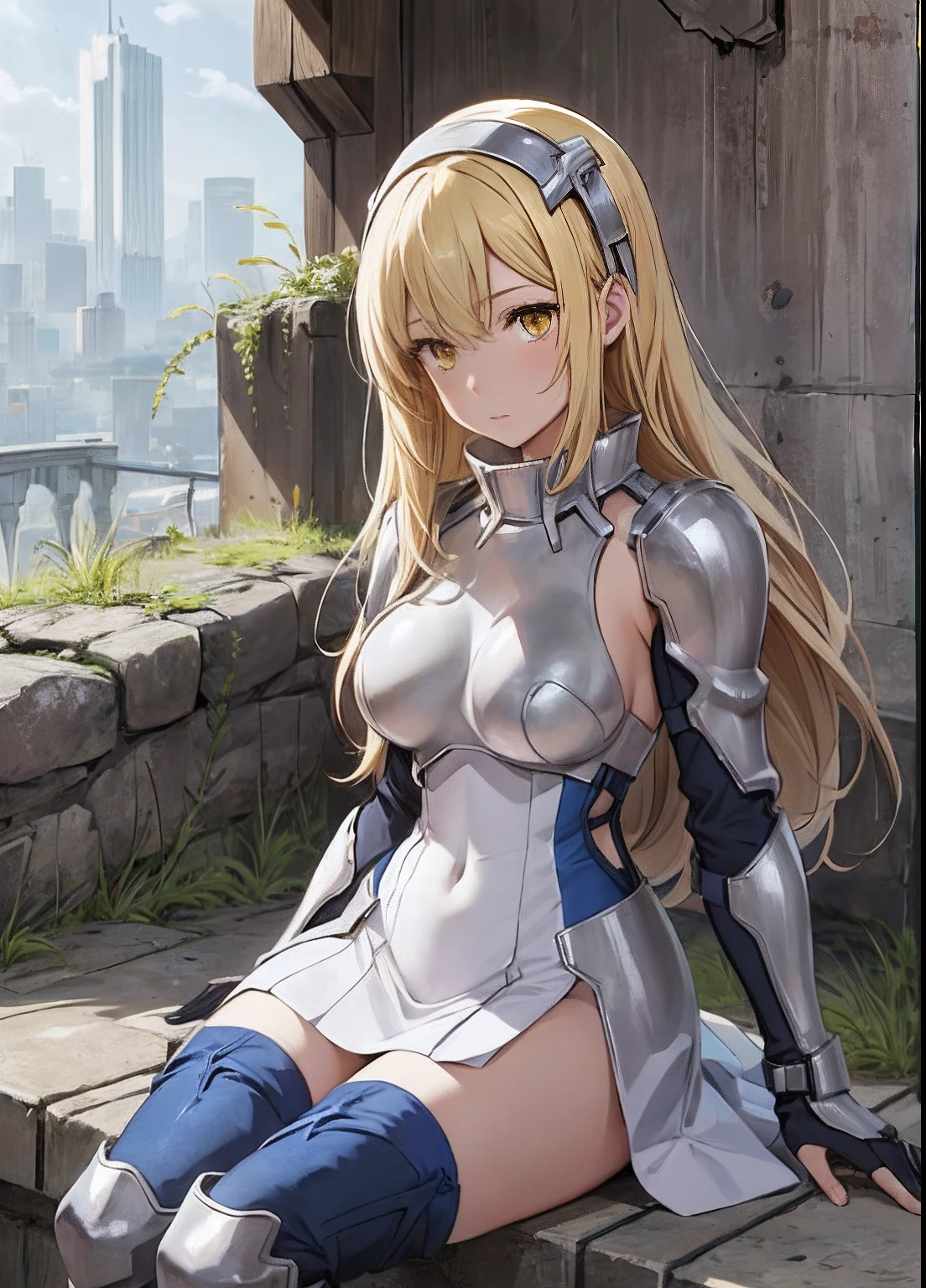 ais, 1girl, solo, blonde hair, armor, long hair, straight hair, thighhighs, boots, dress, yellow eyes, thigh boots, blue long boots, blue footwear, covered navel, breastplate, shoulder armor, gloves, white dress outdoor, sunny, standing, sitting