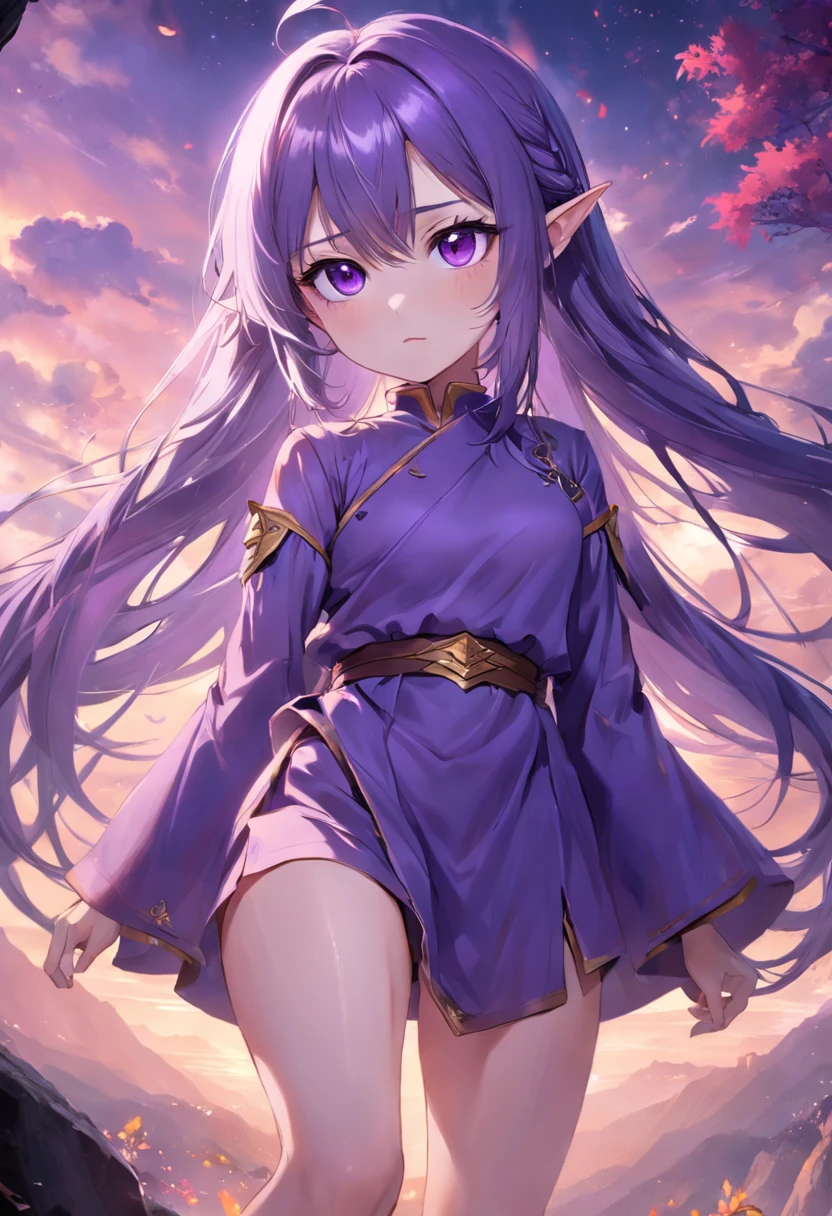 Purple eye，cyanhair，Lazy expression，Western fantasy，Magical fantasy，Good-looking legs，the elf