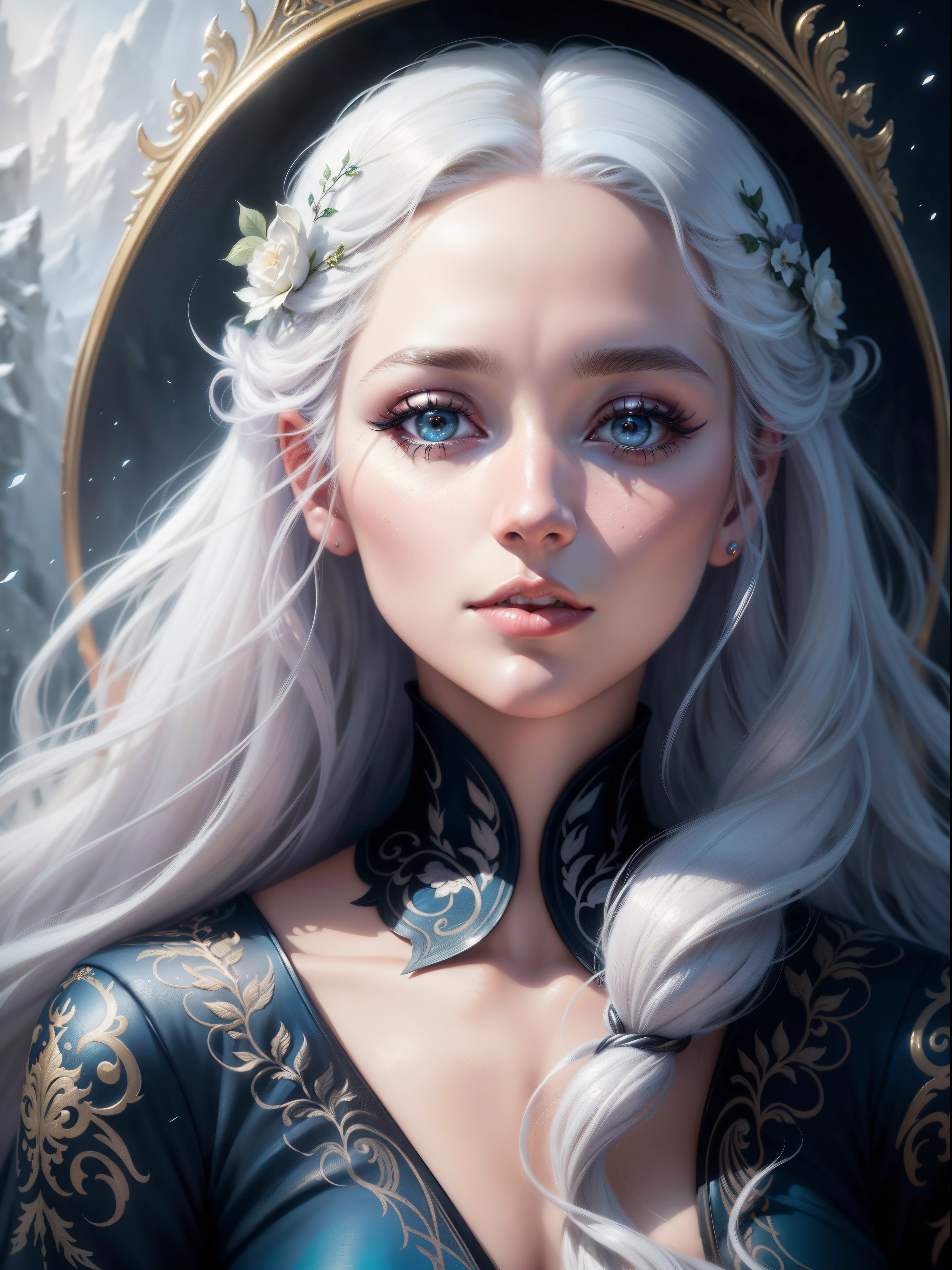 Close-up of a woman with long white hair wearing lace, magali villeneuve', inspired by Magali Villeneuve, portrait of elsa of arendelle, graphic artist magali villeneuve, Realistic fantasy illustration, beautiful fantasy art portrait, Extremely detailed Artgerm, Fantasy art style, author:Magali Villeneuve, beautiful fantasy art