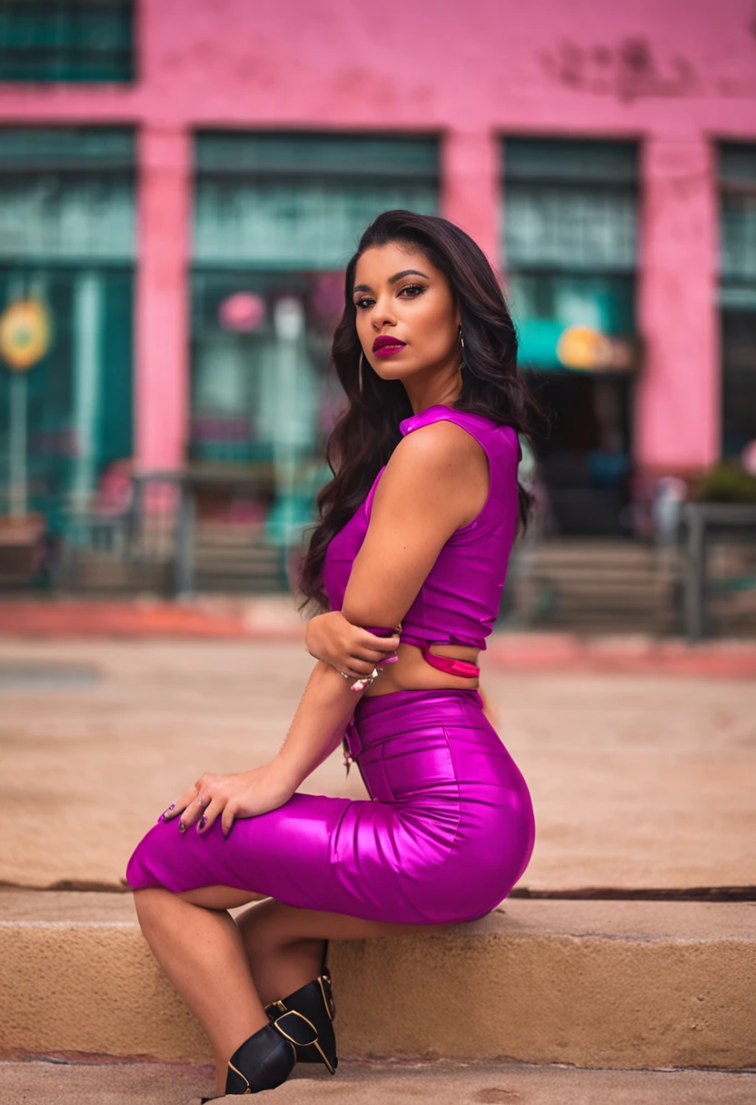 Generate a realistic image of a Latina woman posing for a photo. She should be dressed in a fuchsia-purple mini-skirt that is not skin-tight but fitted on the sides, and with a cut on the bottom left corner reminiscent of the 80s style. She should also be wearing white boots. The lighting should be perfect to highlight the details of her outfit and pose. There should be a focus on her eyes while also highlighting the unique fuchsia-purple skirt she is wearing. The style of the image should be reminiscent of Y2K fashion and the 80s. The predominant colors should be fuchsia-purple and white.