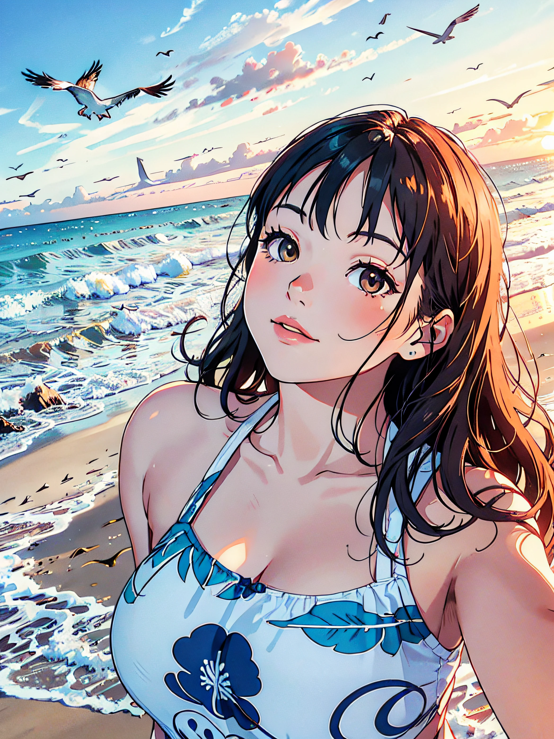 beachside,the setting sun,Beautiful,seagulls