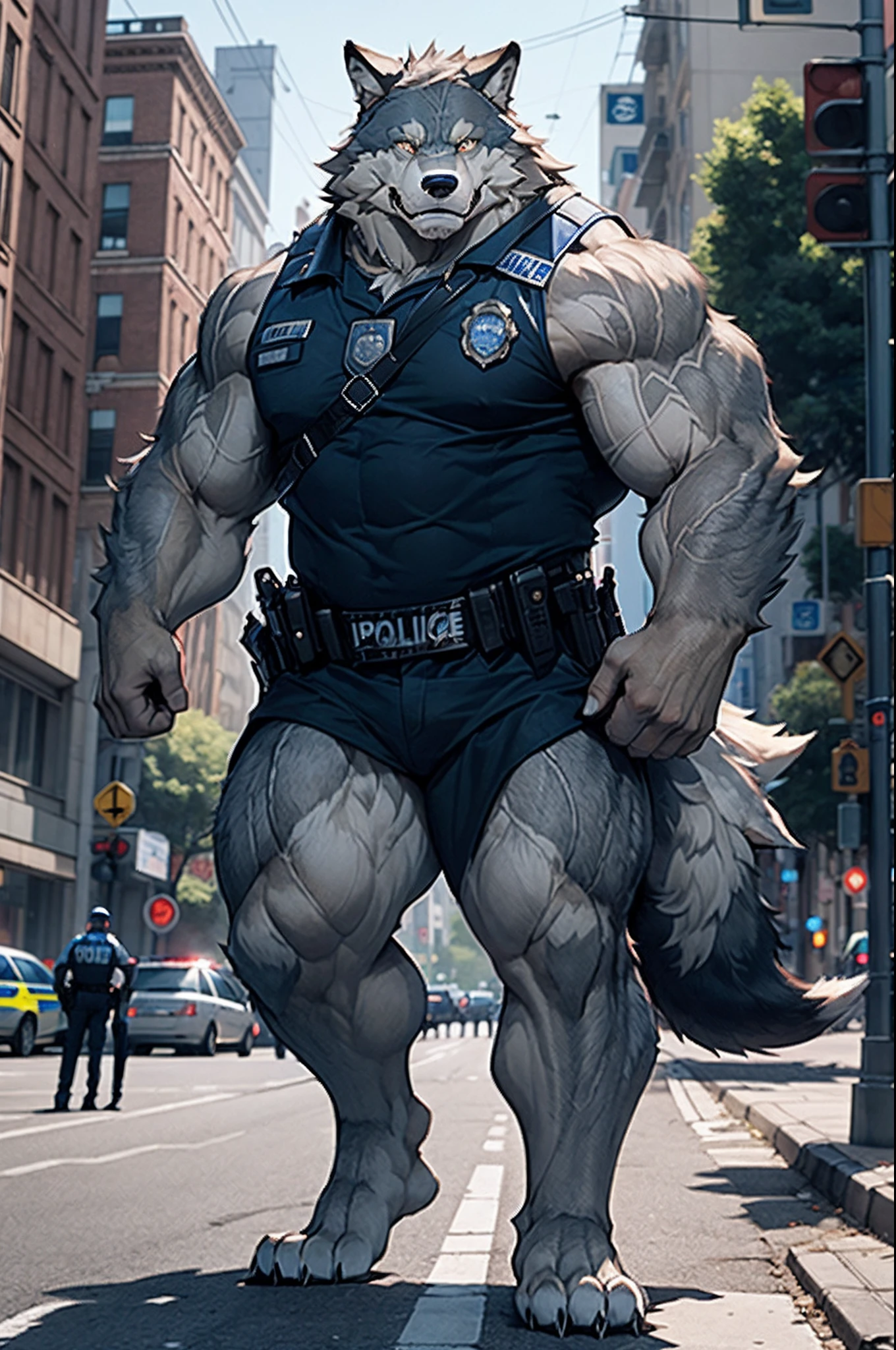 ((solo, 1boy)), (A strong and muscular man (furry wolf) standing confidently on a urban city), (as police), ((wearing police uniform))