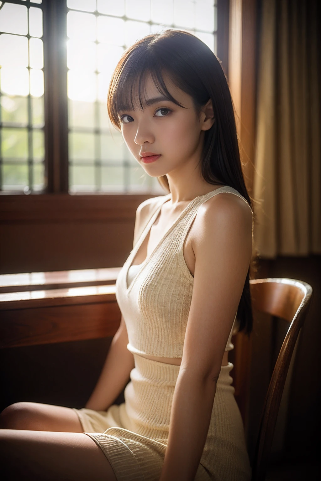 reflection light, chiaroscuro, depth of field, cinematic lighting, ray tracing, Sony FE GM, UHD, super detail, masterpiece, textured skin, high details, best quality, award winning,(Realistic:1.2), 18yo Girl, sexy outfit , sitting, computer classroom