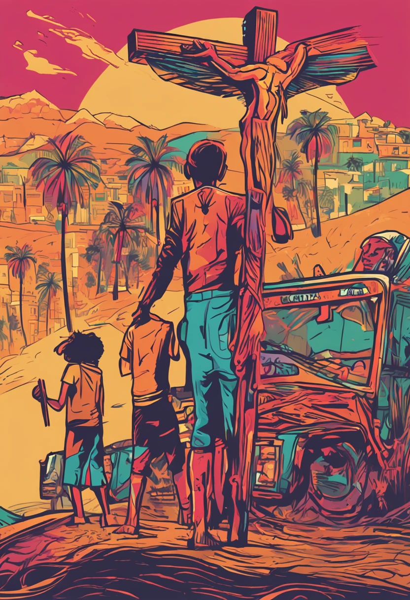 Levante-se e brilhe: impacte o mundo com a mensagem da cruz!" - Create art with young people holding Bibles and walking toward a cross, while people of different ages and cultures watch with admiration. Use bright, joyful colors to convey the message of hope and transformation found through the gospel.