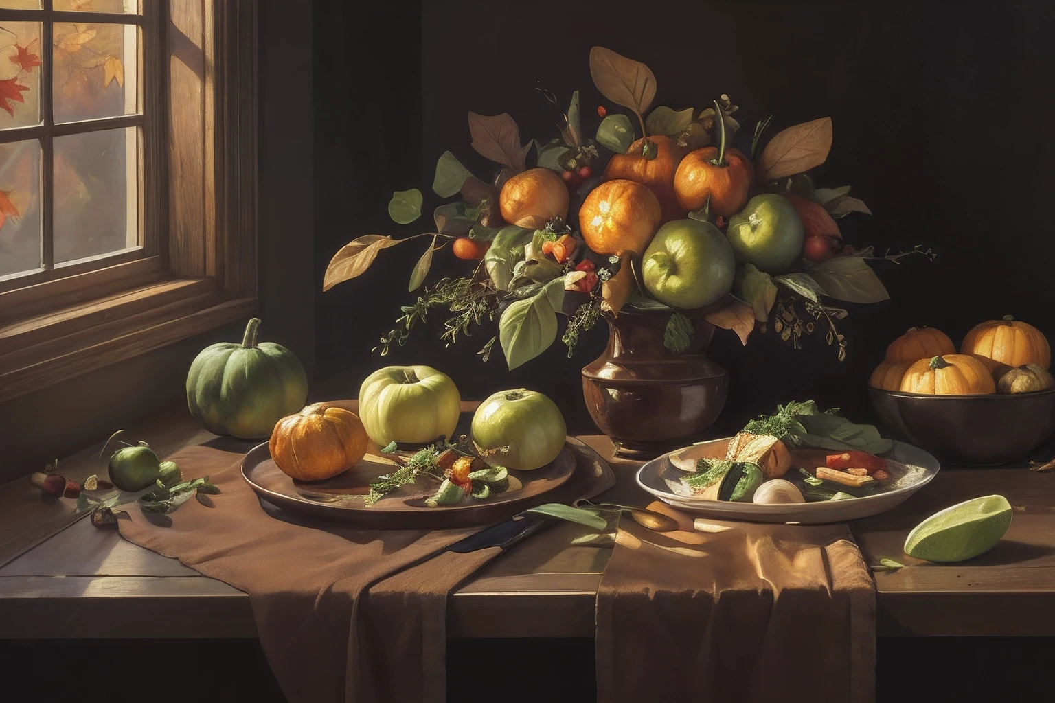 Still Life with autumn vegetables in an ((oil painting)) style, featuring soft and warm lighting that accentuates the deliciousness of the food.