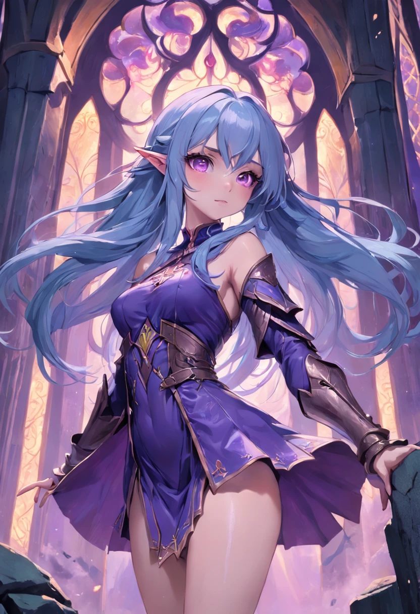 cyanhair，Purple eye，the elf，Castle，borgar，Western fantasy，Magical fantasy，Good-looking legs，