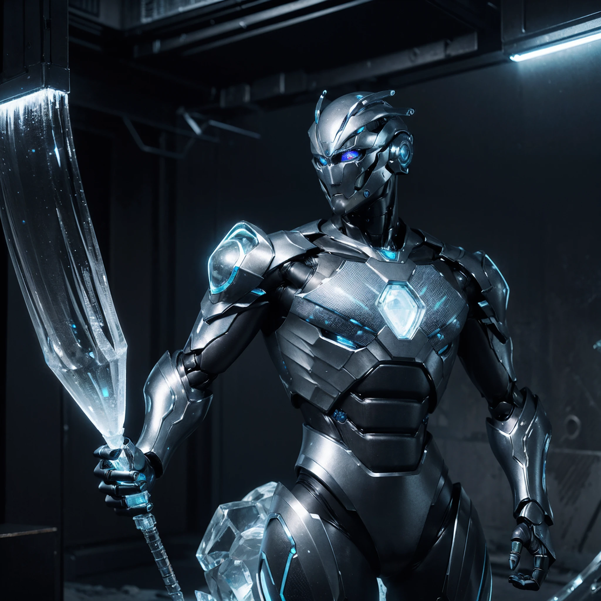 A robot inspired by the blue frozen ice, muscular, glowing eyes, body made of ice, ice curves on the body, holding a mechanical fist, blue light on the chest, photography style, real landscape, (metallic texture: 1.8), (super detail: 2), (super high resolution: 1.6), (carbon fiber: 1.6)