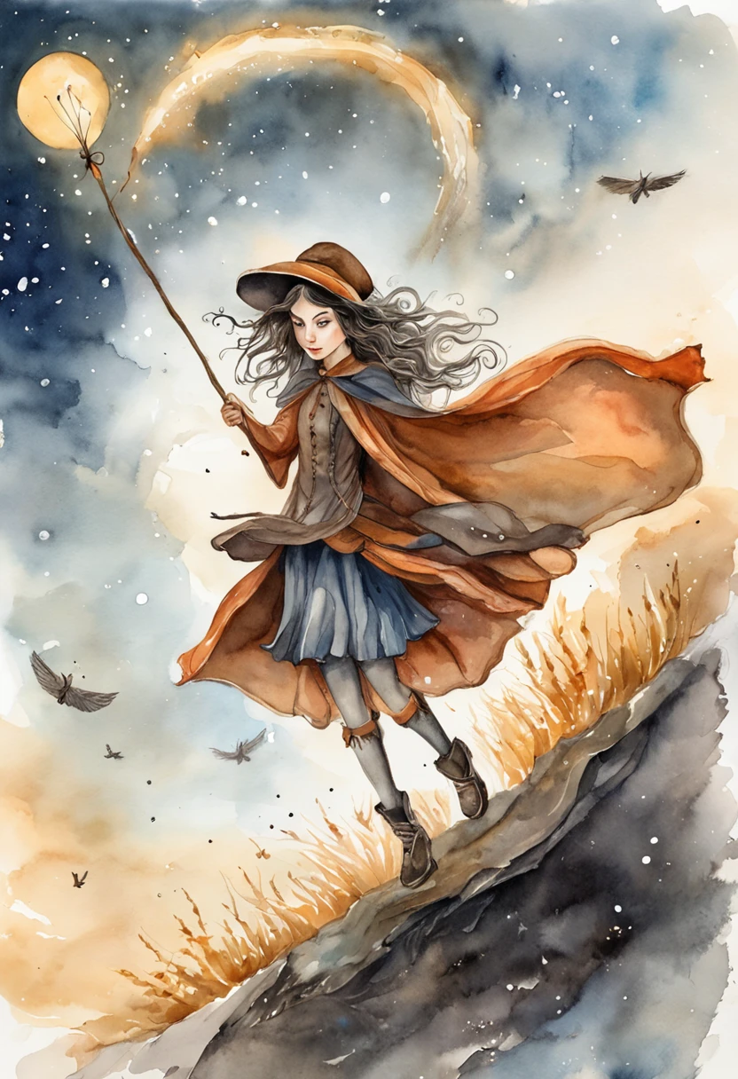 masterpiece, best quality, ultra-detailed, illustration, 1girl, solo, fantasy, flying, broom, night sky, outdoors, magic, spells, moon, stars, clouds, wind, hair, cape, hat, boots, broomstick, glowing, mysterious, enchanting, whimsical, playful, adventurous, freedom, wonder, imagination, determination, skill, speed, movement, energy, realism, naturalistic, figurative, representational, beauty, fantasy culture, mythology, fairy tales, folklore, legends, witches, wizards, magical creatures, fantasy worlds, composition, scale, foreground, middle ground, background, perspective, light, color, texture, detail, beauty, wonder.