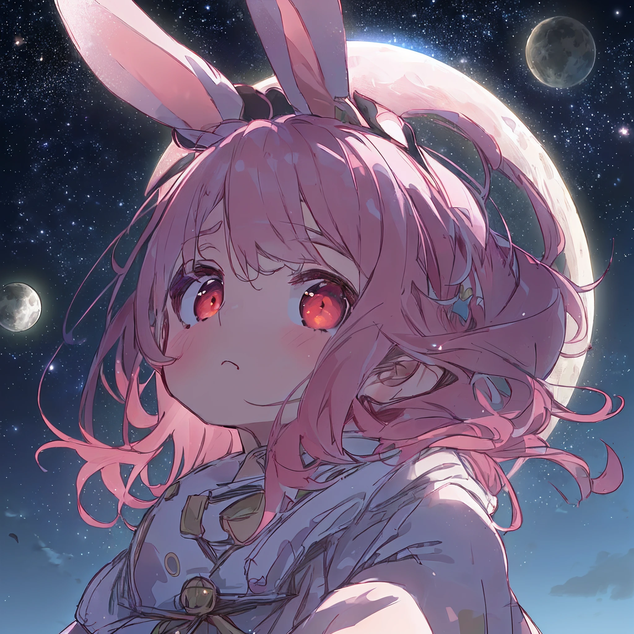 absurderes, hight resolution, (Anime style:1.1), ((masutepiece)), ((Best Quality)), (Ultra-detailed), (Beautiful), 独奏, Beautiful face、(liftup),12year old、Detailed outer space、Realistic beautiful stars々、(Cute girl in rabbit costume、Looking up at the starry sky from the surface of the moon:1.4)、Pink colorful hair, Red Eyes,Looking at Viewer,Lens Flare,Dramatic, (Skirt lifted by the wind:1.5)、from the rear、full body Esbian、(Low position,From below:1.6)、Detailed universe、beautiful milky way、I can see my panties