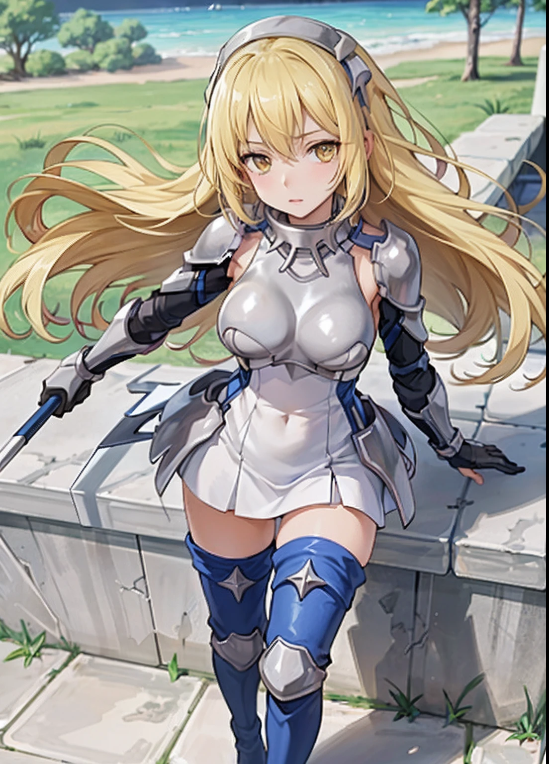 ais, 1girl, solo, blonde hair, armor, long hair, straight hair, thighhighs, boots, dress, yellow eyes, thigh boots, blue long boots, blue footwear, covered navel, breastplate, shoulder armor, gloves, white dress outdoor, sunny, standing, sitting