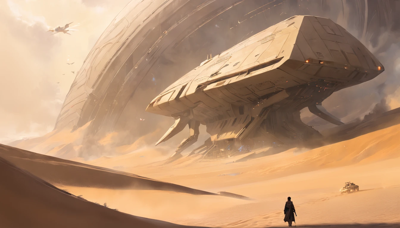 Dune concept art，Clean and neat tones，Sci-fi base scene，Huge scene，Square-shaped complex，Soviet aesthetic architecture，huge buildings，There are many ships in the air，Size contrast，crowd of，Soldiers versus soldiers，Big scenes of war，smog，epic concept art，Fine 8K，vray，Wasteland Science Fiction