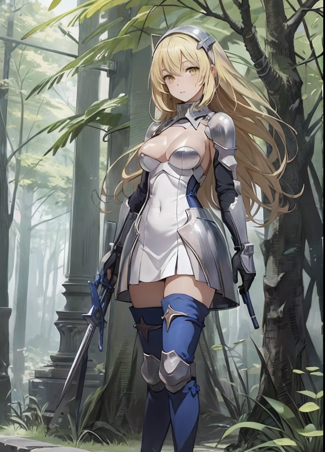 ais, 1girl, solo, blonde hair, armor, long hair, straight hair, thighhighs, boots, dress, yellow eyes, thigh boots, blue long boots, blue footwear, covered navel, breastplate, shoulder armor, gloves, white dress outdoor, sunny, standing