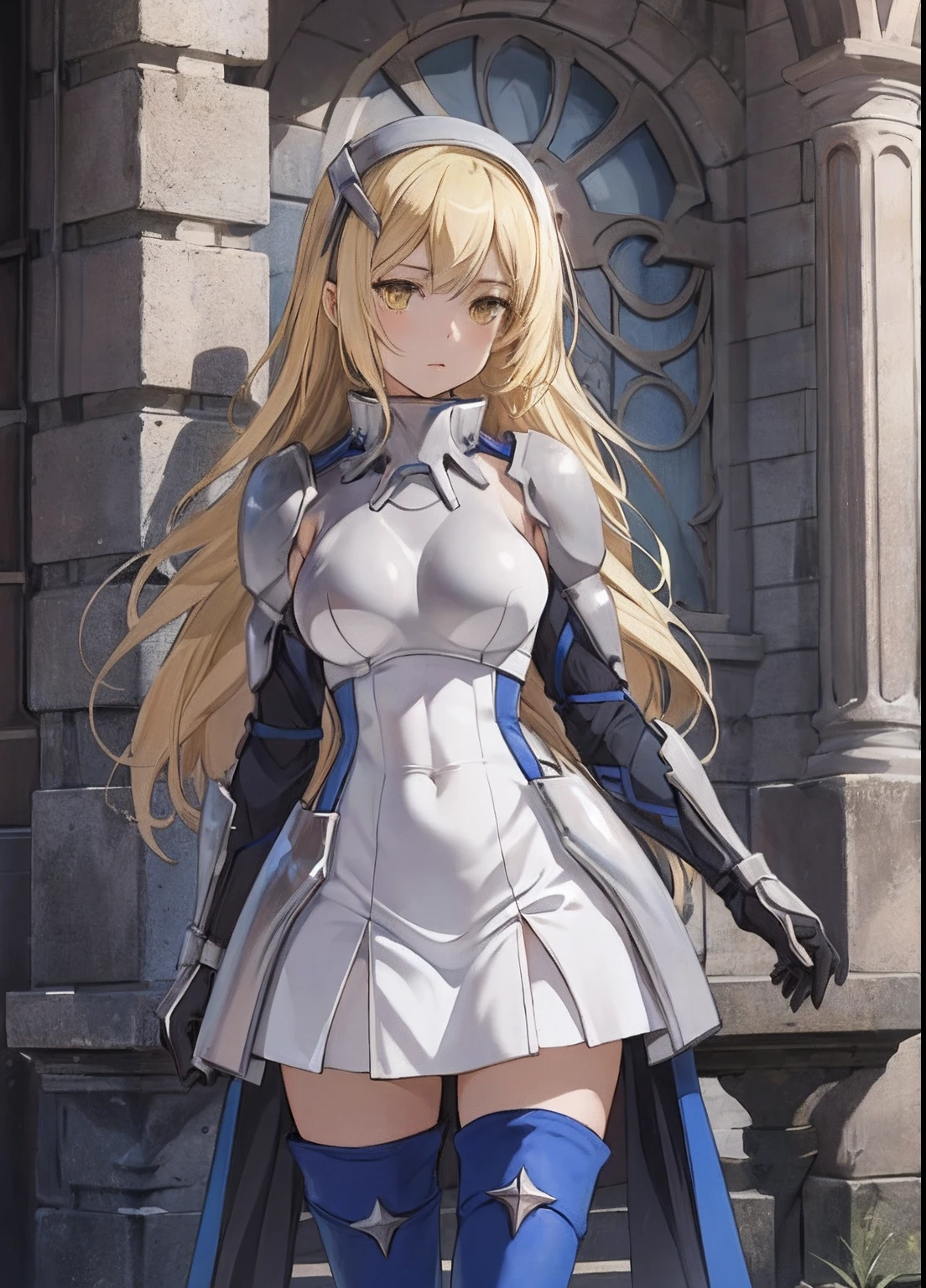 ais, 1girl, solo, blonde hair, armor, long hair, straight hair, thighhighs, boots, dress, yellow eyes, thigh boots, blue long boots, blue footwear, covered navel, breastplate, shoulder armor, gloves, white dress outdoor, sunny, standing