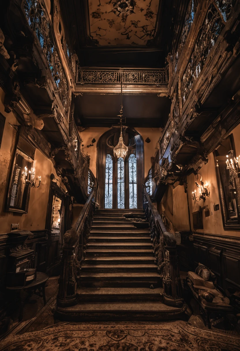 Uma noite escura,of the abandoned mansion full of secrets, corredor de entra escura e misteriosa, relaxar, arquitetura de interiores, gothic art, Verismo, Ponto de vista de uma pessoa, De fora, canon, Super Detalhe, alta qualidade, alta resolução, 8k, best quality