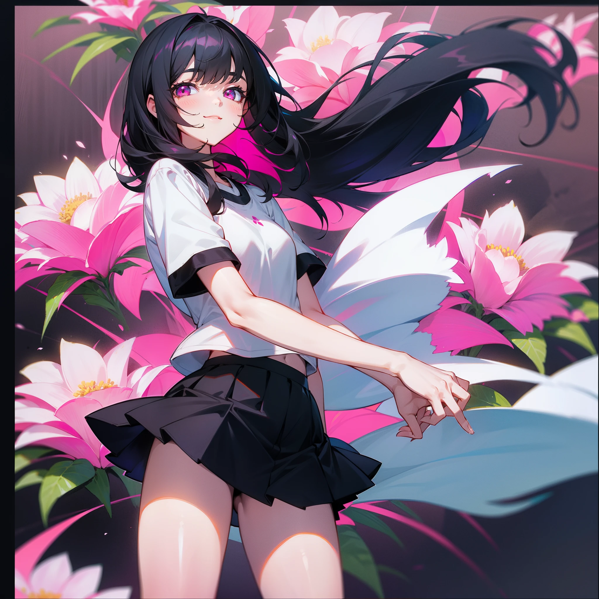 A girl,Dark black hair,Pink eyes,white short sleeve,black short skirt,ssmile,Surrounded by flowers