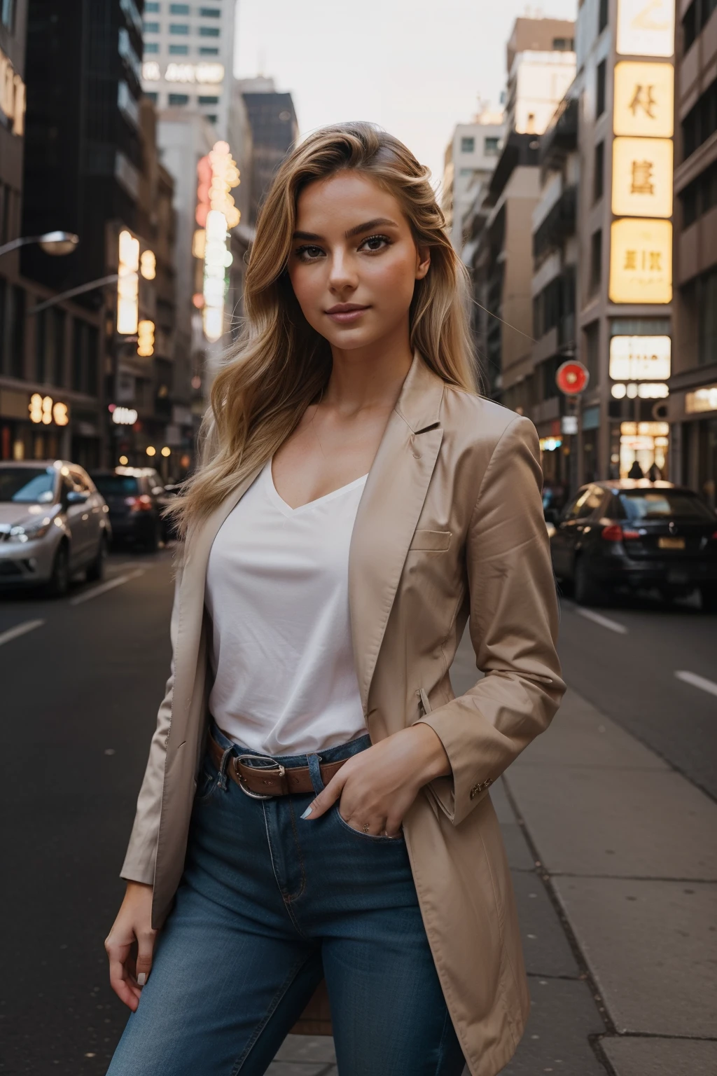 (blonde, 21 years old, brown eyes, sun burnt body) In this Instagram post, you'd see a captivating image of a 21-year-old with striking blonde hair and deep brown eyes. She's standing in the heart of a bustling city, surrounded by the glow of neon signs and the warm, ambient light of the street lamps. The model is dressed in a chic yet casual urban outfit, exuding a sense of confident style. She's wearing a fashionable oversized blazer paired with high-waisted jeans that perfectly accentuate her slender figure. The blazer is cinched at the waist with a sleek black belt, adding a touch of sophistication to the look. Her blonde hair cascades gracefully over her shoulders, catching the light and creating a subtle halo effect. Despite the absence of sunglasses, her brown eyes radiate with a mix of confidence and allure, drawing you into the photo. She stands against a backdrop of urban architecture, with skyscrapers and buildings towering above her. The cityscape is aglow with a vibrant array of colors, and the atmosphere is filled with a sense of energy and adventure. The model strikes a pose that effortlessly combines casual and confident. She's turned slightly to the side, with one hand resting on her hip, showcasing her outfit with a relaxed elegance. Her other hand lightly touches her tousled hair, adding a playful and carefree element to the shot. The overall vibe of the post is one of urban glamour, capturing a moment of youthful exploration and a celebration of city life. It's a snapshot of a young woman who is both fashion-forward and self-assured, inviting her followers to join her on a journey through the city's vibrant streets.