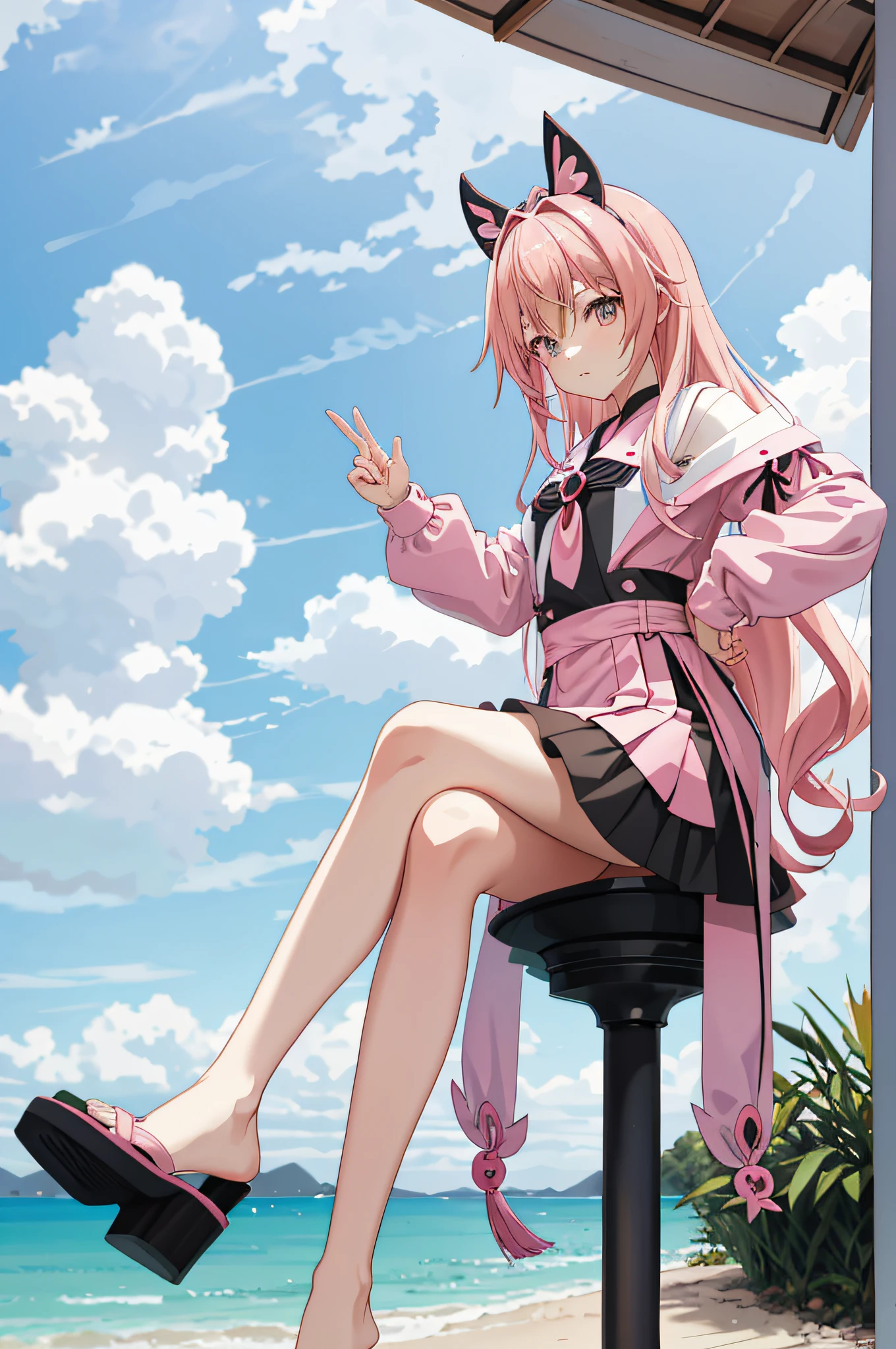 Anime girl with pink hair sitting on pole,legs crossed, holding a pudica pose, Pisif 3DCG, Anime goddess, at pixiv, giantess art, pudica pose, commission for high resolution, Loli, SFW version, feet posing, trending on cgstation, high soles, Pisif, small curvaceous loli