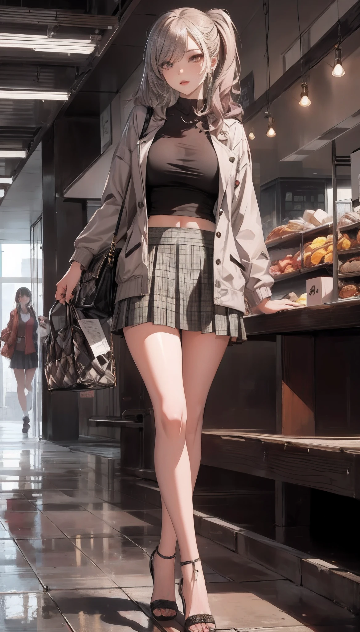 there is a woman walking down the street in a skirt, Surrealism female students, short skirt and a long jacket, Surrealism female students, wearing jacket and skirt, Fashion model, by Yang J, author：Zhou Fang, author：Zhou Chen, trending on cgstation, by Ni Yuanlu, trending at cgstation, girls frontline style