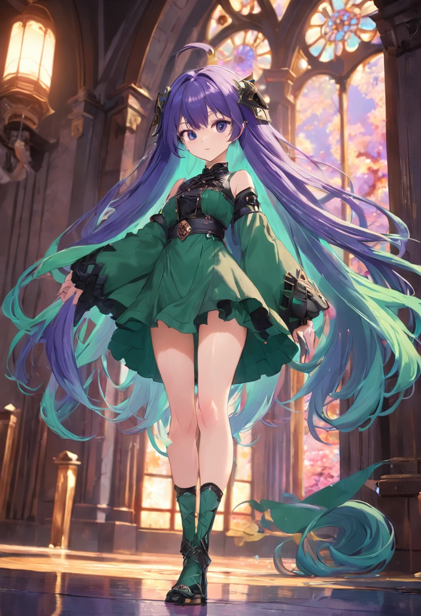 cyanhair,Purple eye,Green clothes,Castle fantasy,Good-looking legs,hair adornments,Ultra photo realsisim,Castle