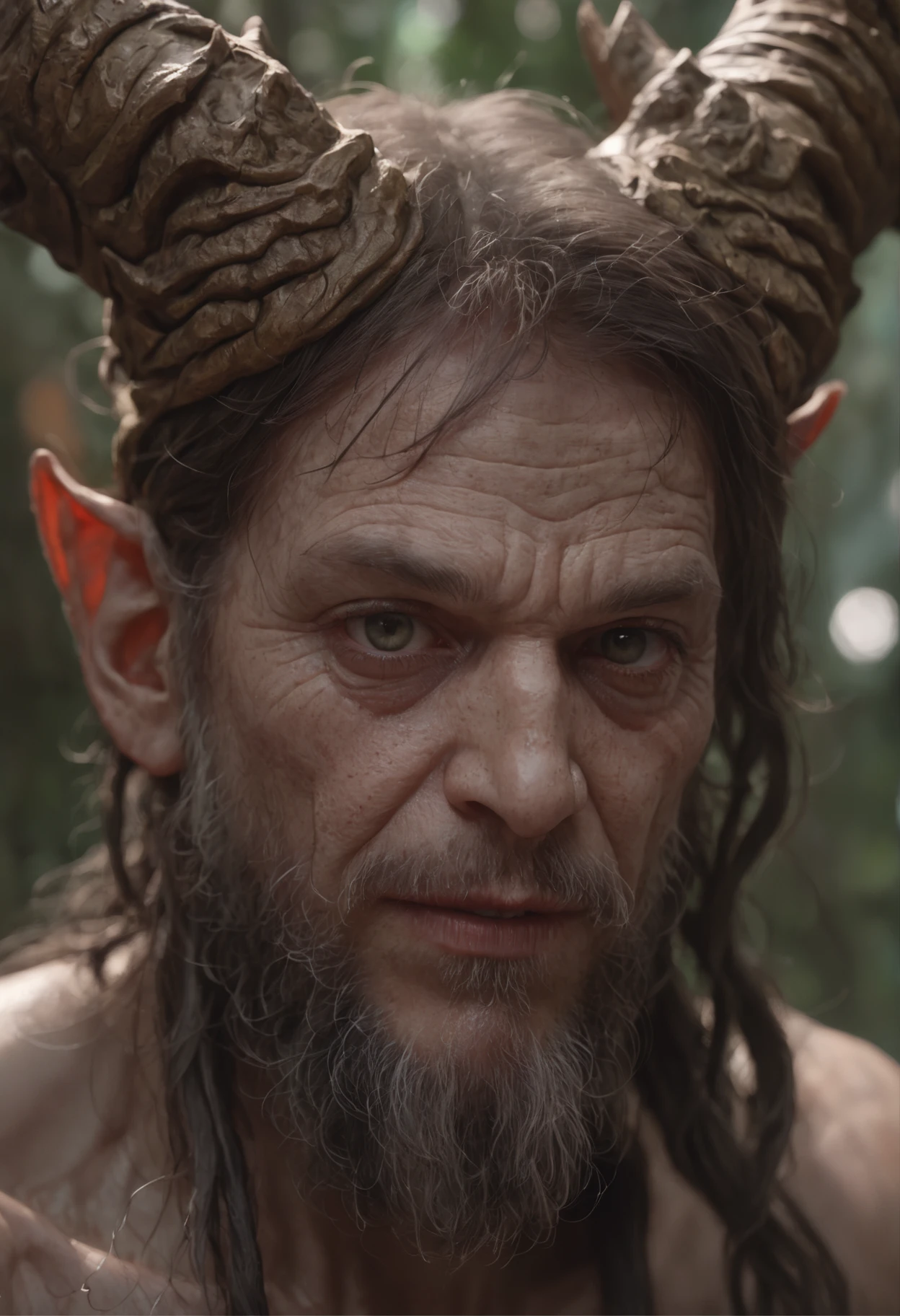 Satyr portrait. Portrait of horned and furred satyr skulking in the dark forest. A epic fantasy image illustration, old mystery, magic, best quality, fantasy movies, fantasy tales, worn-looking clothes, masterpiece, ultra high res, (photo realistic:1.4), Cinematic, 35mm lens, f/ 1. 8, 8k, sky, nature, (good luck light), perfect composition, beautiful detailed intricate insanely detailed octane render trending on artstation, 8 k artistic photography, photorealistic concept art, soft natural volumetric cinematic perfect light, chiaroscuro, award - winning photograph, masterpiece, oil on canvas, raphael, caravaggio, greg rutkowski, beeple, beksinski, giger photorealism, in the style of artgerm, extravagant imagination, exaggerated, warm light, neon ambiance, abstract black oil, detailed acrylic, grunge, intricate complexity, rendered in unreal engine, photorealistic art by Ralph Horsley, caricatured by cool graffiti style, shorty, haze filter, fisheye, vanishing point, vignetting, caustics, Masterpiece, dynamic spectrum lighting, high detail, amazing quality, saturated, light in contrast, factured face, ultra highly detailed, cinematic, 32k, ultra hd, realistic, vivid colors, highly detailed, UHD drawing, pen and ink, perfect composition, beautiful detailed intricate insanely detailed octane render trending on artstation, 8k artistic photography, photorealistic concept art, soft natural volumetric cinematic perfect light, shadow, digital art, Jean-Baptiste Monge style, beautiful, splash close up, cute and adorable, filigree, rim lighting, lights, extremely, magic, surreal, fantasy, digital art, wlop, artgerm and james jean, sharpness, gloss, ultra hd, realistic, vivid colors, highly detailed, UHD drawing, pen and ink, perfect composition, beautiful detailed intricate insanely detailed octane render trending on artstation, 8k artistic photography, photorealistic concept art, soft natural volumetric cinematic perfect light