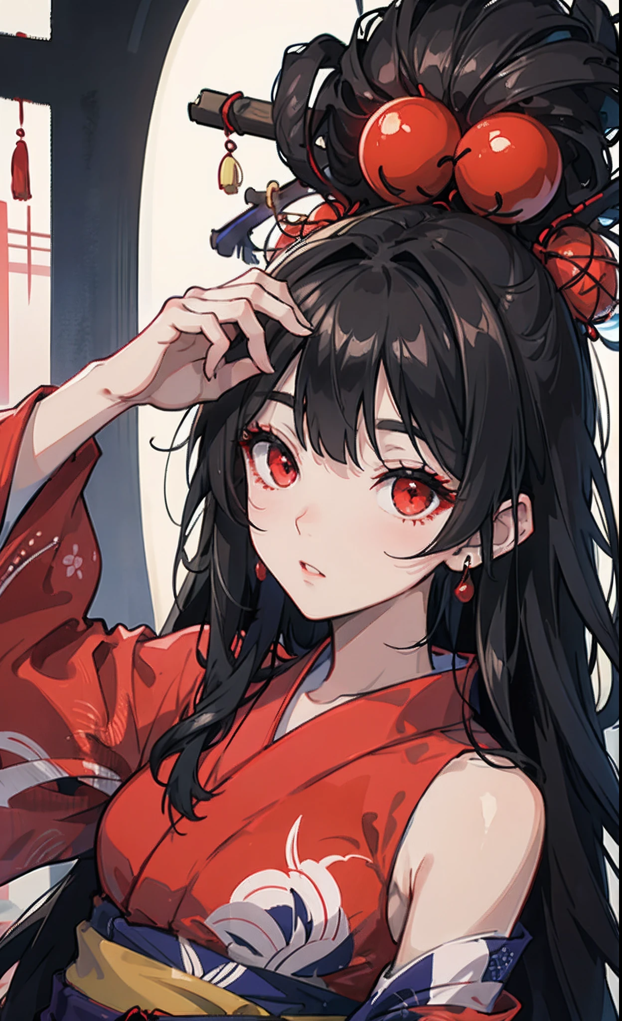 Black hair, red eyes, kizi, female, yukata