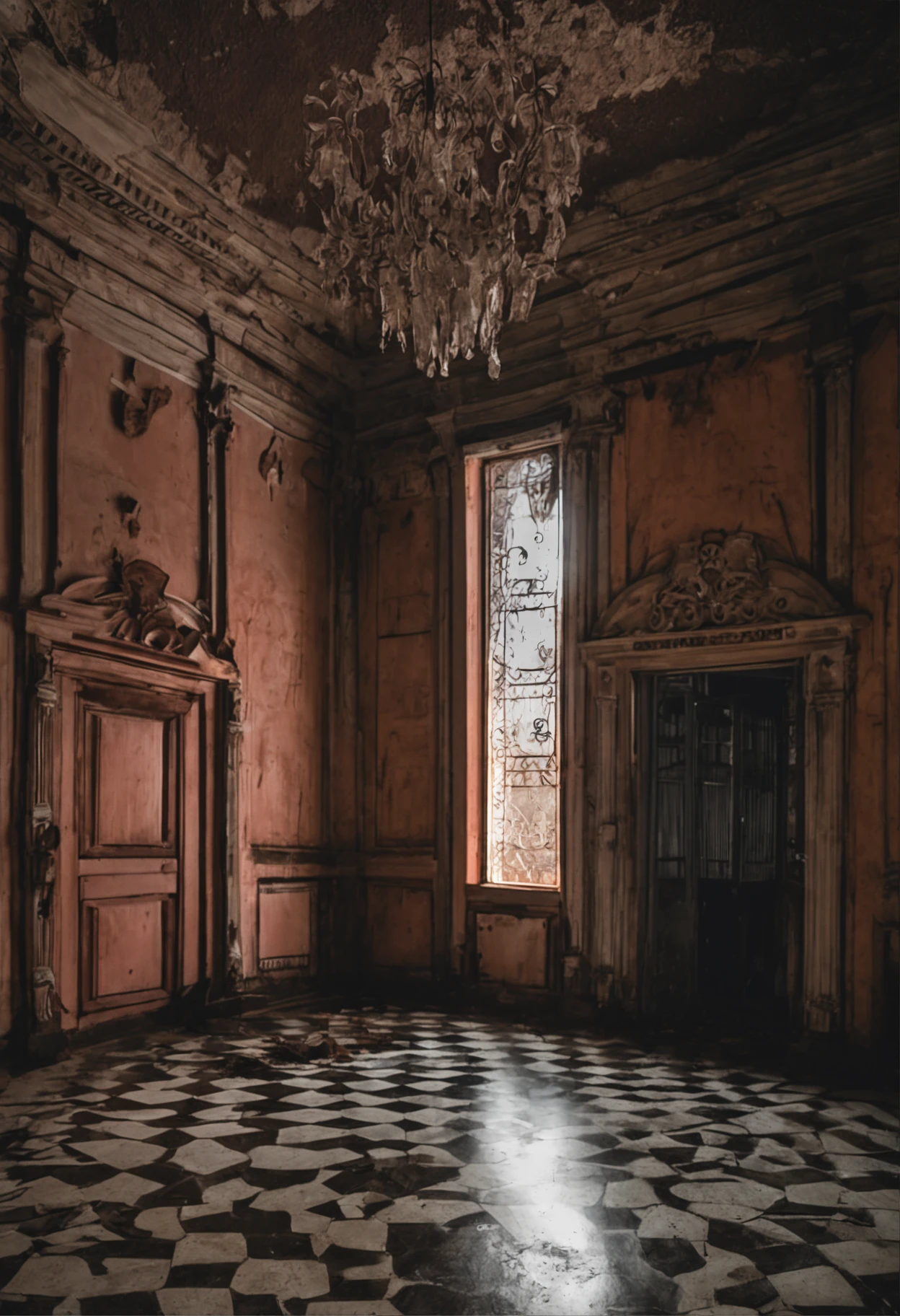 Uma noite escura,of the abandoned mansion full of secrets, corredor de entra escura e misteriosa, relaxar, arquitetura de interiores, gothic art, Verismo, Ponto de vista de uma pessoa, De fora, canon, Super Detalhe, alta qualidade, alta resolução, 8k, best quality