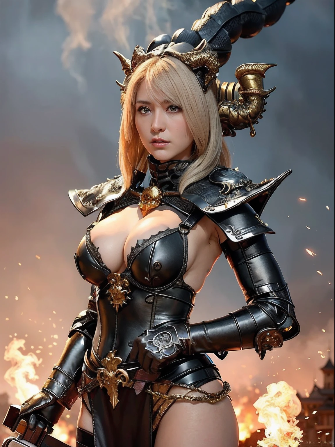 Professional , masterpiece、top-quality、photos realistic , depth of fields 、(Dragon Black Metal Body:1.9),(Mattretto、(cleavage of the breast)、Dragon Gold Weapon、(Micro Bikini Armor:1.4),Gorgeous gold weapons ,Particles of light、Particles of light、(( Dragon's dense and gorgeous sword)) , (demonic wings)、((a blond))、(Castle background)、Fight dragons、((Gangle's forest background))、Take intense poses、Beautiful Caucasian beauty、1a person、dynamic ungle,(((Detailed and ornate dragon helmet)))、Smaller head、A smile、Castle background、Thin and beautiful female hands、cleavage of the breast、Soldier in iron armor on background、Mystical expression、Light Effects、intense fighting、Wind-effect、magic circles、With the legendary magic wand、Dragon's tail、explosions、