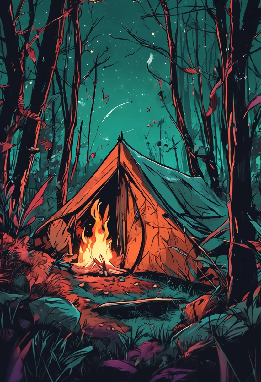 Fantastic night out, ln the forest, Full of starlight, You can hear the sound of grass bugs., There is only one tent, Next to it is a bonfire