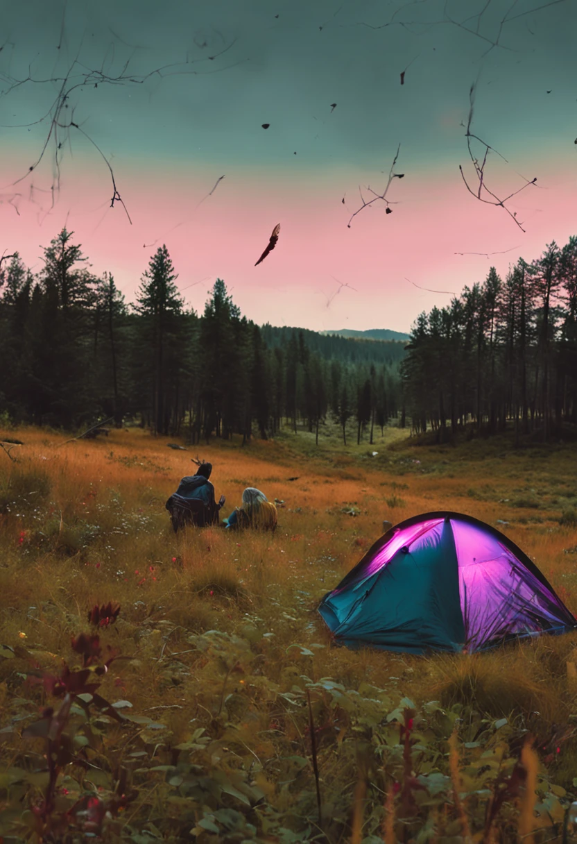Fantastic night out, ln the forest, Full of starlight, You can hear the sound of grass bugs., There is only one tent, Next to it is a bonfire