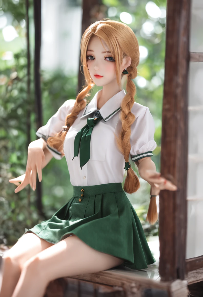 The figure of a seductive girl、Cute girl figure、Realistic Young Gravure Idol Figure、pretty face with arms and legs、Norse goddesses、photo of slim girl model、European Girl、Golden hair、long、eye glass、student uniform, green uniform、White blouse、plaid skirts、、pretty face with arms and legs、Norse goddesses、a sexy girl、photo of slim girl model、European Girl、Photorealistic perfect body、low angles、Selfie style
