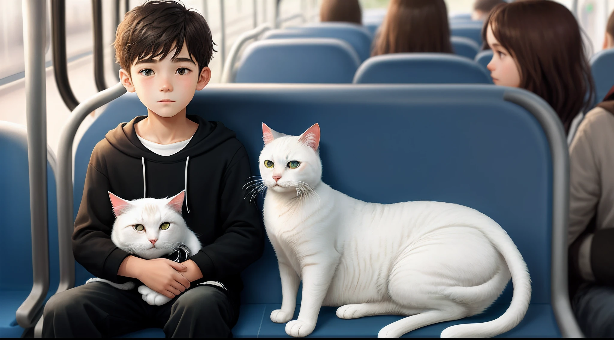 The boy in black sits on the bus，Holding a white cat in his arms