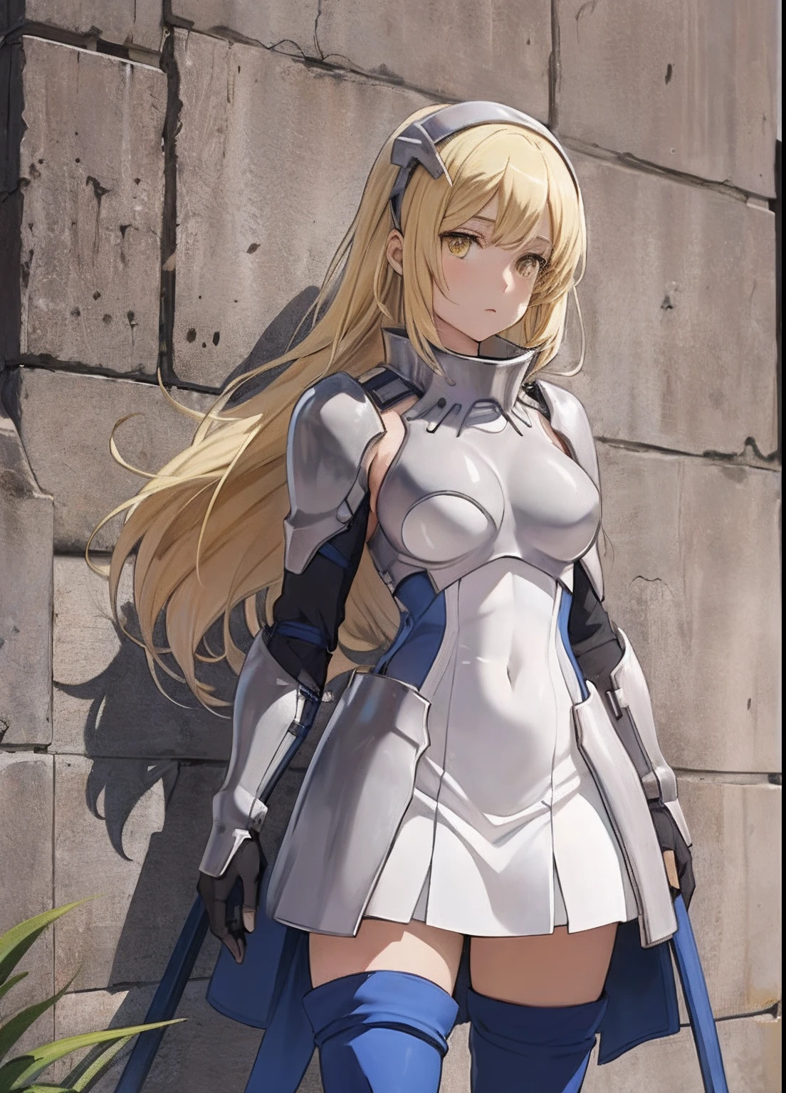 ais, 1girl, solo, blonde hair, armor, long hair, straight hair, thighhighs, boots, dress, yellow eyes, thigh boots, blue long boots, blue footwear, covered navel, breastplate, shoulder armor, gloves, white dress outdoor, sunny, sitting, spread legs