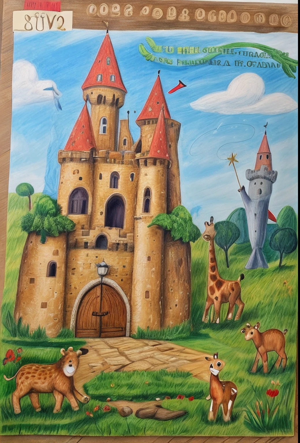 There is an image of a photorealistic children's drawing of a castle, com um urso, um coelho, um porco, uma girafa ao lado do castelo preto, there is grass on the ground. Castelo preto com portas vermelhas, bandeiras vermelhas, photorealistic