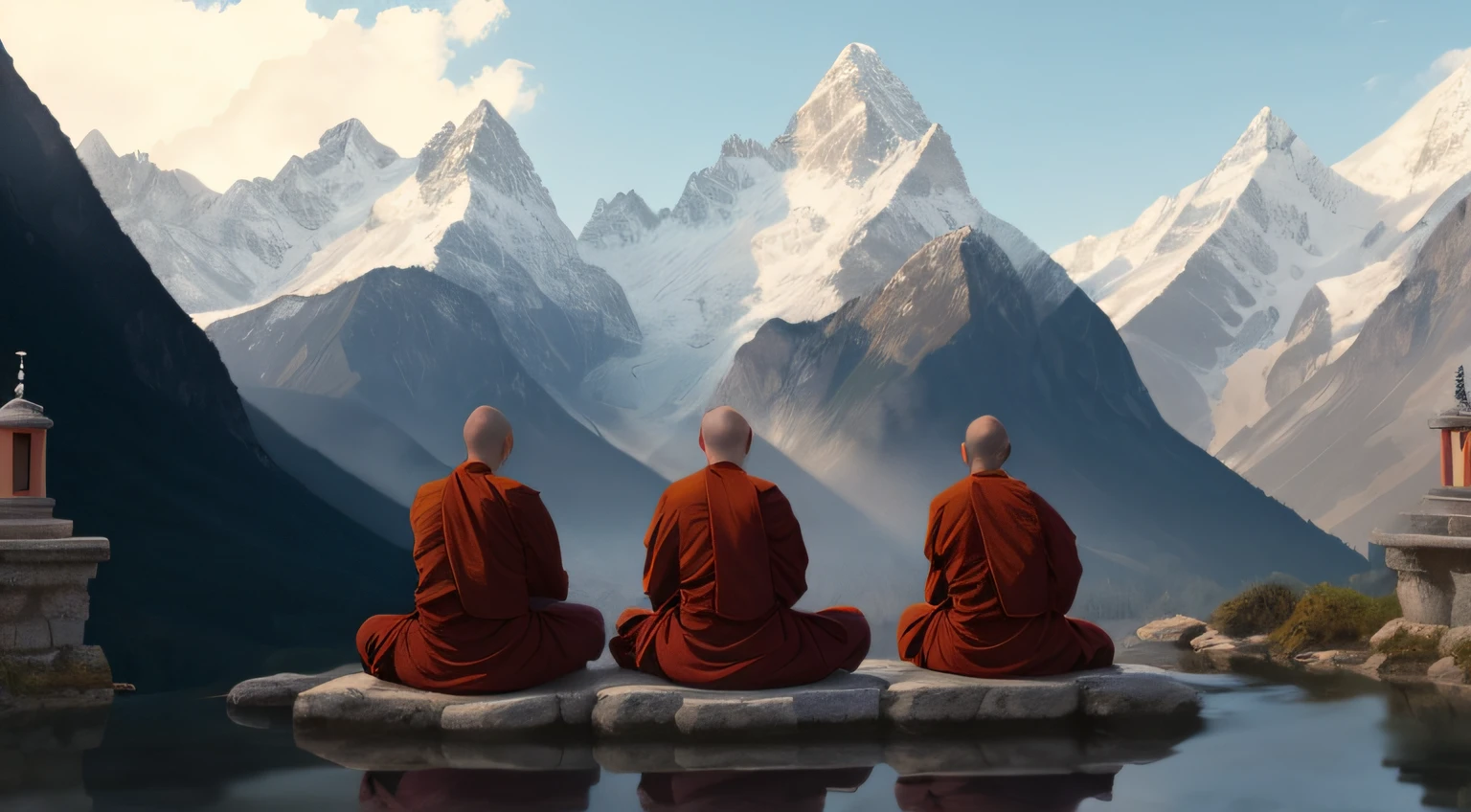 Three monks sitting on a rock in front of a mountain, Monjes, Monje medita, budismo, budista, Meditando, zen meditation, Monje budista meditando, hindu stages of meditation, Monasterio budista en Marte, spiritual enlightenment, Powerful Zen composition, flotando en un poderoso estado zen, On the road to enlightenment, meditation, Ropa de monje, On the road to enlightenment, monje