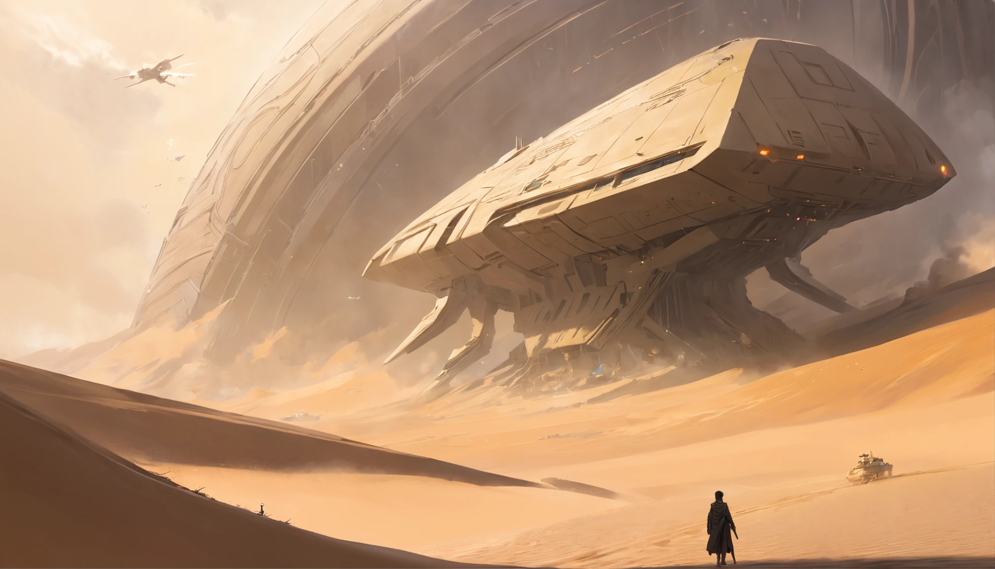 Dune concept art,Clean and neat tones,Sci-fi base scene,Huge scene,Square-shaped complex,Soviet aesthetic architecture,huge buildings,There are many ships in the air,Size contrast,crowd of,Soldiers versus soldiers,Big scenes of war,smog,epic concept art,Fine 8K,vray,Wasteland Science Fiction