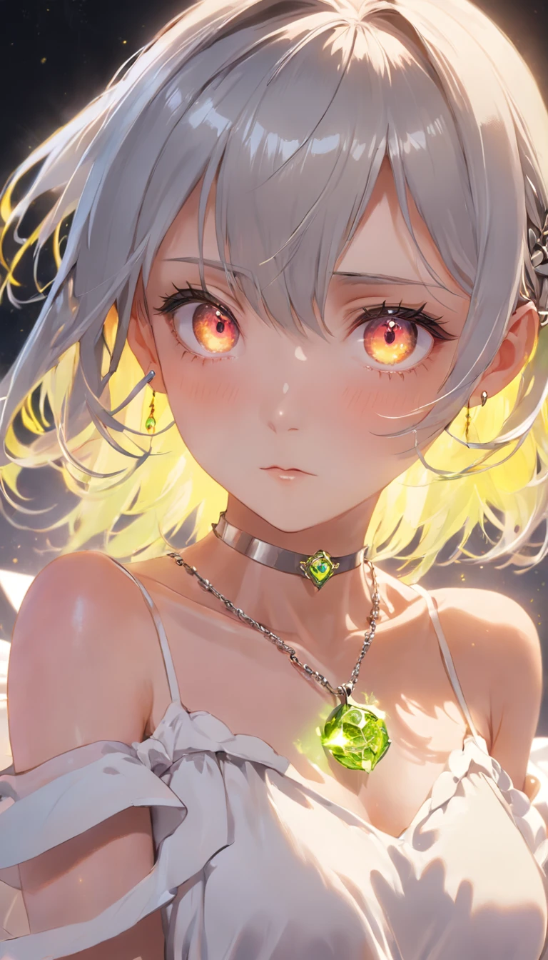 lime yellow, platinum earrings, platinum necklace, white dress, 1girl, cute, (dynamic lighting:1.2), cinematic lighting, delicate facial features, detailed eyes, sharp pupils, realistic pupils, depth of field, bokeh, sharp focus, (hyper-detailed, bloom, glow:1.4), many small gems