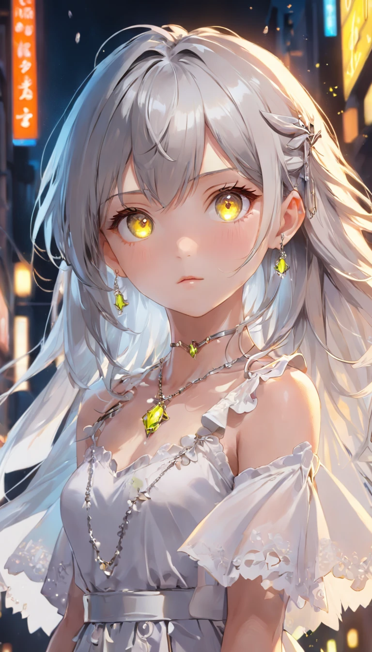 lime yellow, platinum earrings, platinum necklace, white dress, 1girl, cute, (dynamic lighting:1.2), cinematic lighting, delicate facial features, detailed eyes, sharp pupils, realistic pupils, depth of field, bokeh, sharp focus, (hyper-detailed, bloom, glow:1.4), many small gems