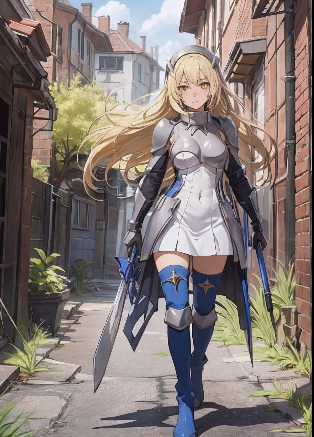 ais, 1girl, solo, blonde hair, armor, long hair, straight hair, thighhighs, boots, dress, yellow eyes, thigh boots, blue long boots, blue footwear, covered navel, breastplate, shoulder armor, gloves, white dress outdoor, sunny, standing