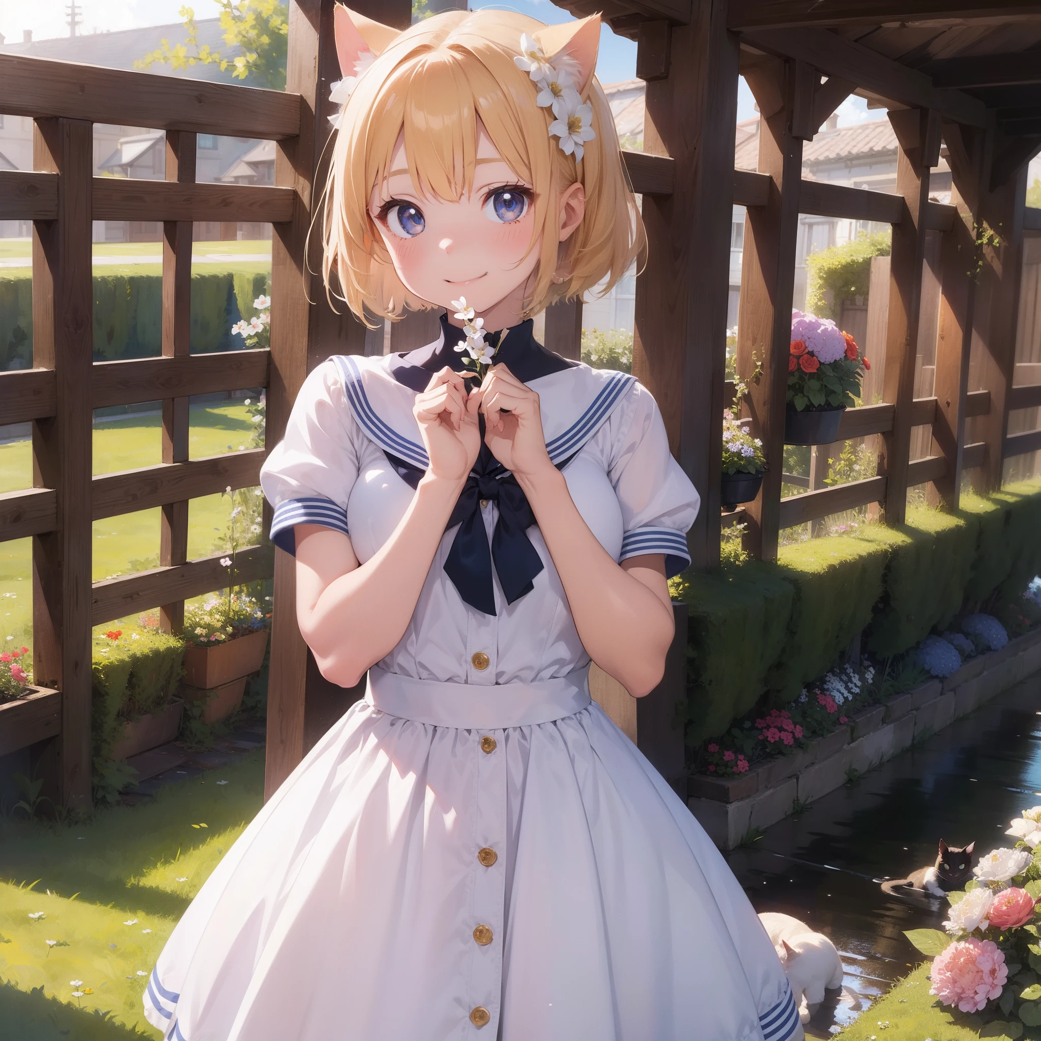 ​masterpiece、12k、Hair line depiction、shining world、Cat's ears、teens girl、Shorthair、Mouth similar to a cat、a sailor suit、long  skirt、smile、Luxurious bouquet with two hands full、Light up from below、Upper Light、Flower garden、Blessing Bells、Eyes that shine realistically、a blond