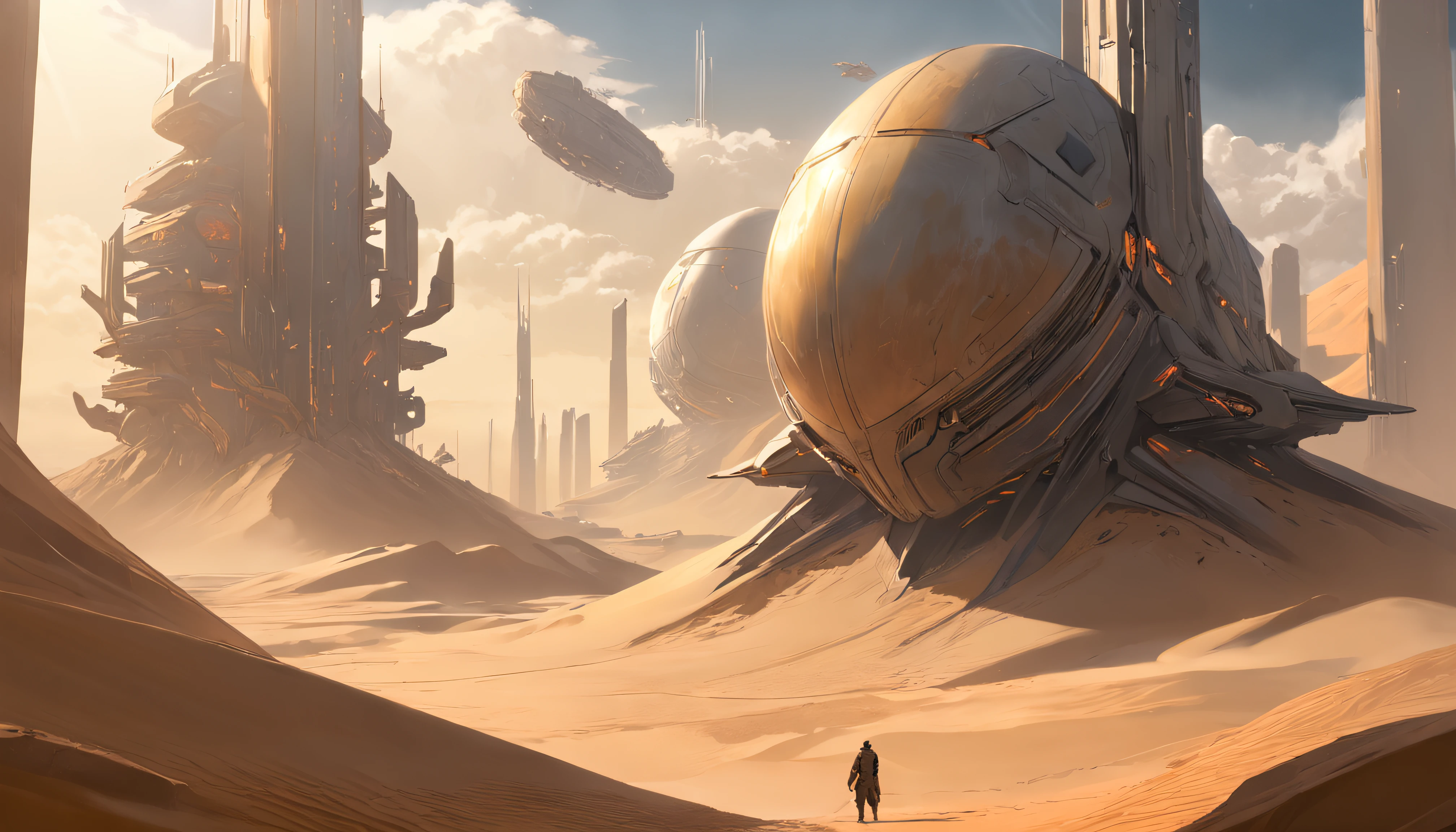 Dune concept art，Clean and neat tones，Sci-fi base scene，Huge scene，Square-shaped complex，Soviet aesthetic architecture，huge buildings，There are many ships in the air，Size contrast，crowd of，Soldiers versus soldiers，Big scenes of war，smog，epic concept art，Fine 8K，vray，Wasteland Science Fiction